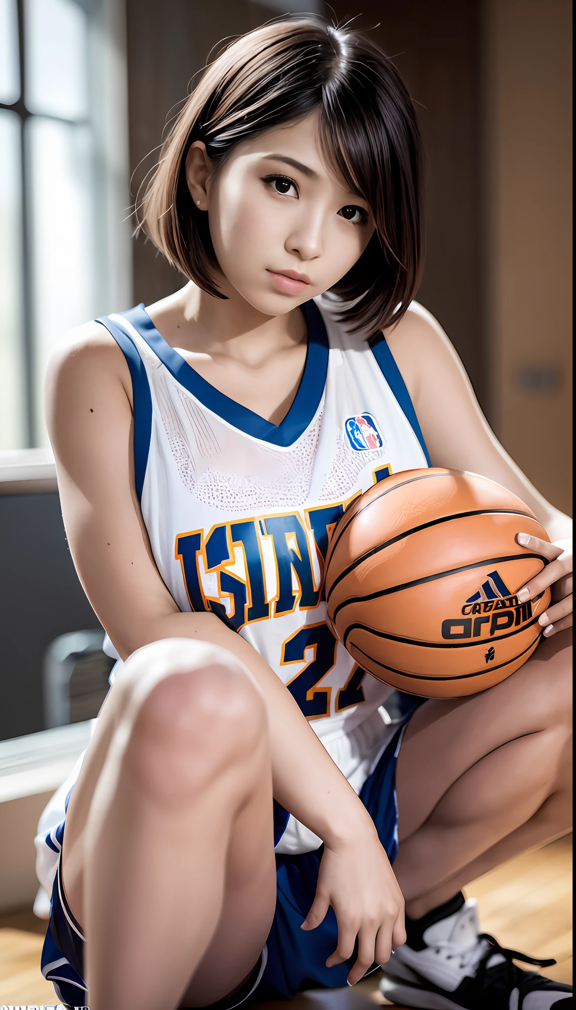 top-quality, Master masterpiece, alto_res, 1 rapariga, Beautiful face, photographrealistic, Rim lighting, (High detailed skin:1.2), 8K UHD, Digital SLR, hightquality, hight resolution, 4 k, 8K, bokeh feeling, hugetits, absurderes, Maximum ratio 4 fingers 1 thumb, girl in the Japan of shortcuts、short-cut, Glossy fabric, Colossal tits、Navel dashi、Basketball Uniform Cosplay、chest protruded、Free Posing、Basketball Uniform Cosplay、Very beautiful legs、God Beautiful Legs