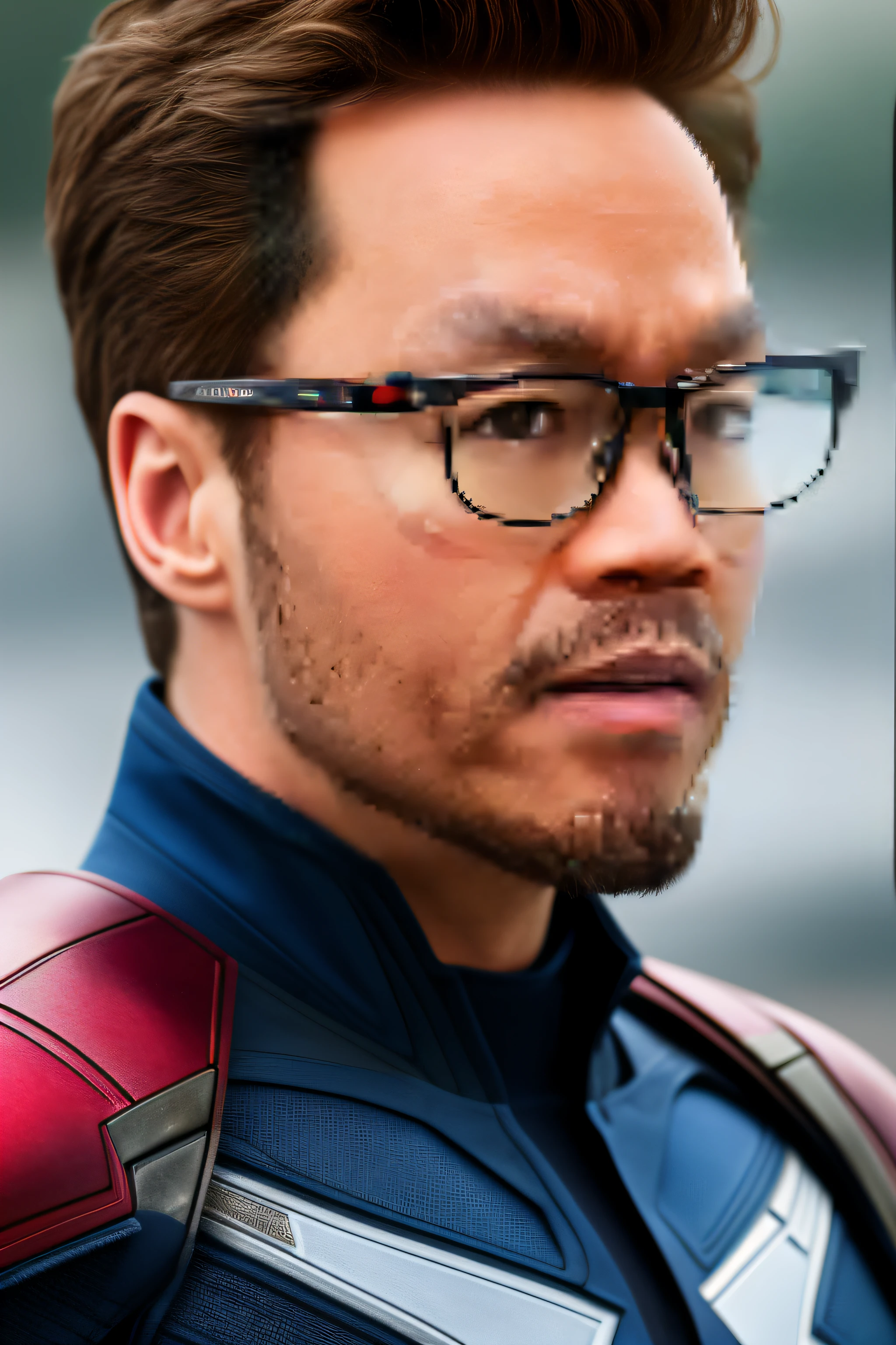 Very detailed photo of a man in Captain America armor，LorarobertDJ，eye glass，Model photo shoot，8k UHD，hyper-detailing，RAW photography