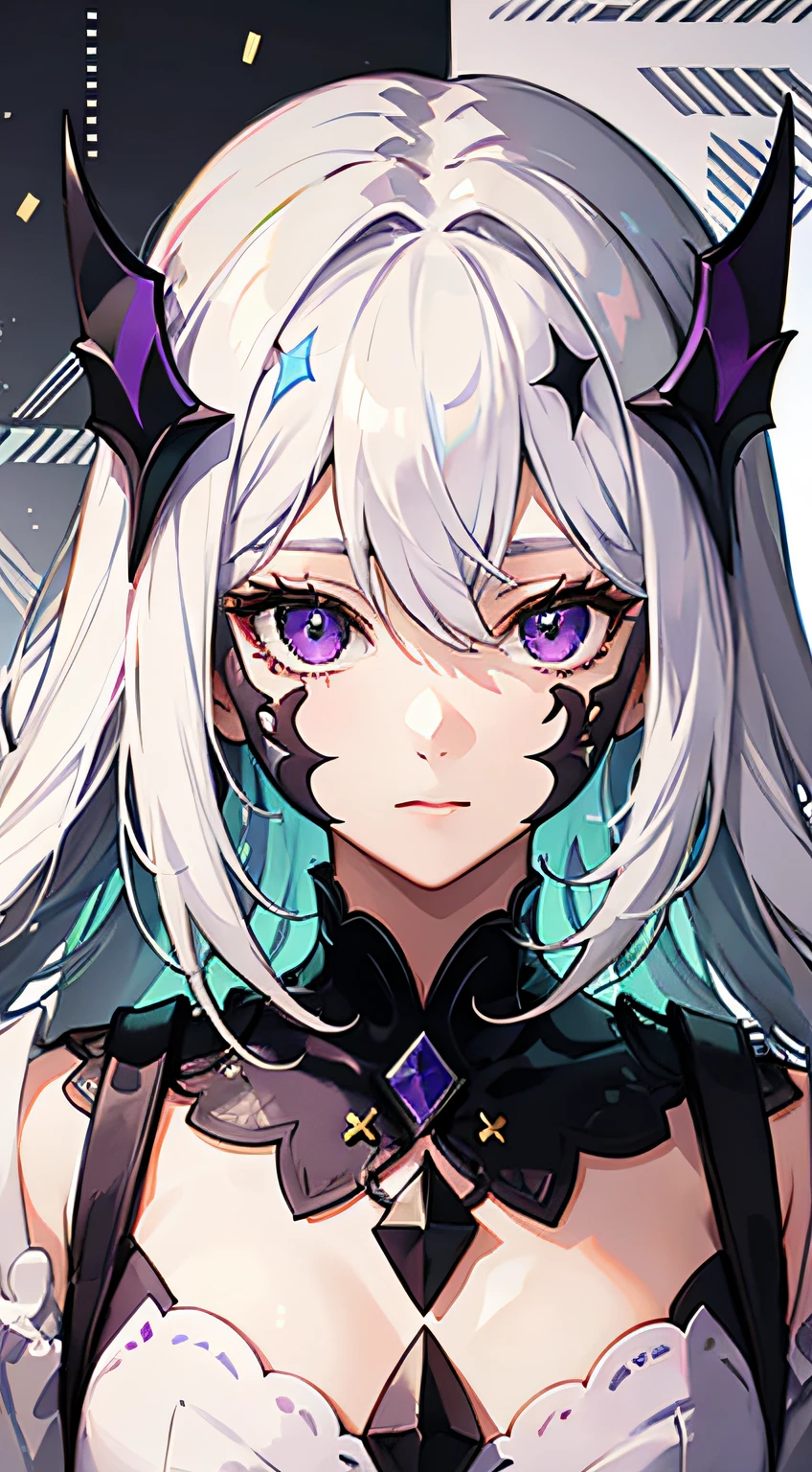 1girl, white hair, multicolored hair, purple eyes, mask on head, sidelighting, light particles, wallpaper,