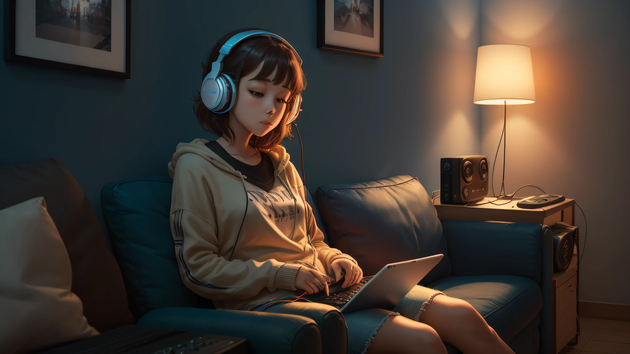 arafed girl with headphones sitting on a couch in a room, menina usando fones de ouvido, listening to music, listening to godly music, Fones de ouvido ligados, retrato de alta qualidade, vibing to music, Usando fones de ouvido, com fones de ouvido, capa de revista, cenario de Lofi, Shutterstock, listening to music at 2 am, Foto retrato suave 8 k, music being played