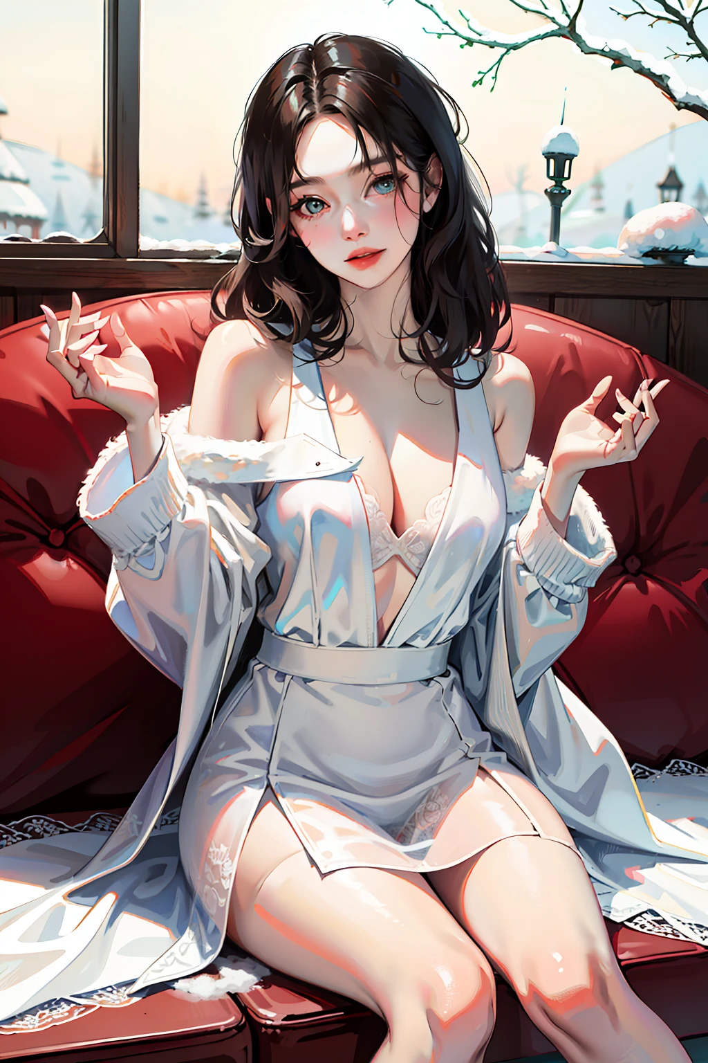A beautiful mature and seductive woman, transparent dress, sitting on sofa, sexy pose, snow-white translucent skin, snow-white long legs, centered, hands covered, 135mm focal length, collarbone, perfect body, super high image quality, 8k,