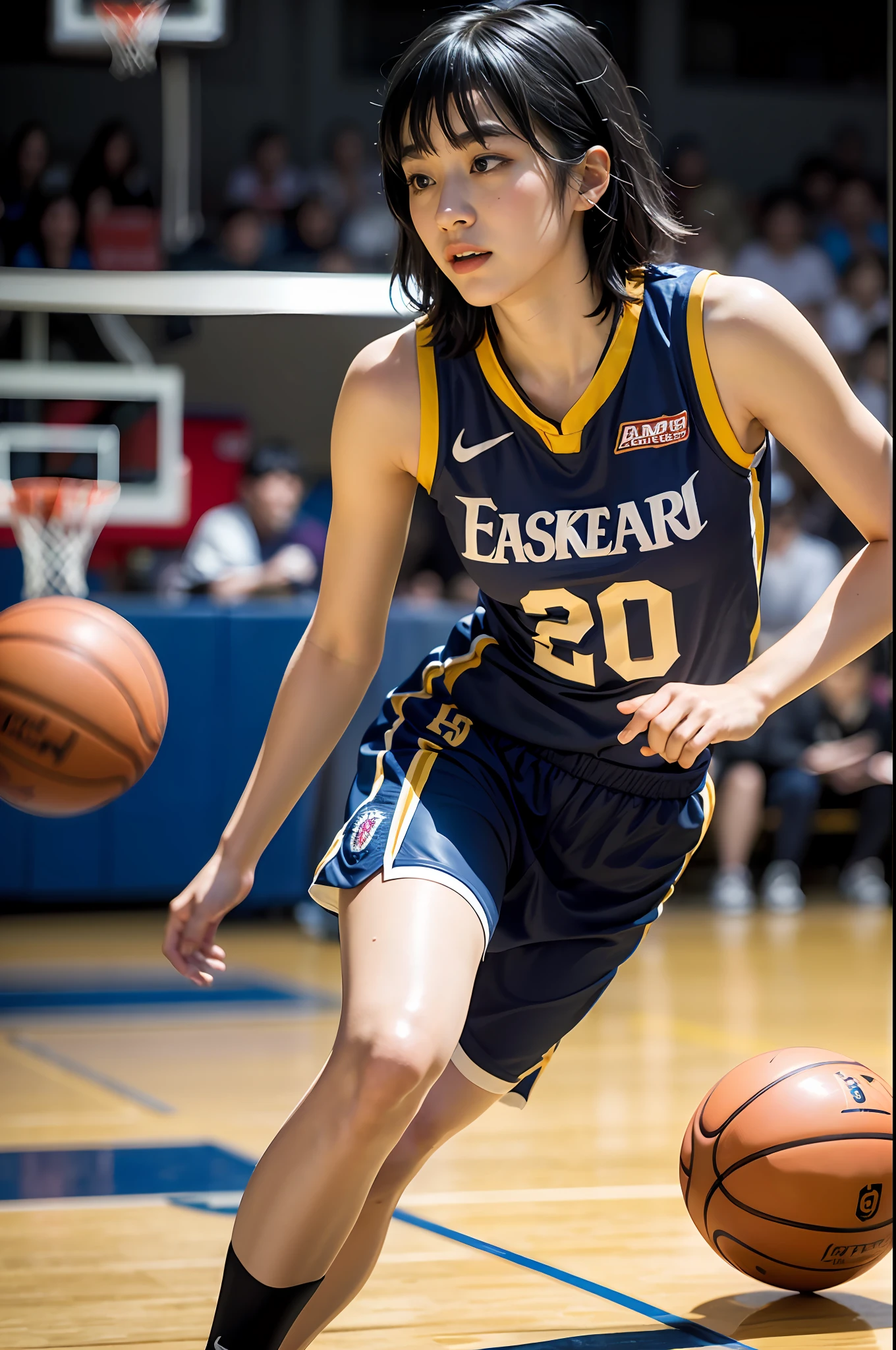 (8k, Best Quality, Masterpiece: 1.2), (Realistic, Realistic: 1.37), Ultra Detailed, Best Quality, Ultra High Resolution, Professional Lighting, Photon Mapping, Radiosity, Physically Based Rendering, Cinematic Lighting, Basketball court, depth of field, clear focus, sunlight, good composition, (bokeh: 1.2) 1girl, solo, (full body), (closed mouth), beautiful and detailed eyes, pose, narrow waist, basketball uniform, black hair , messy hair, long hair blowing in the wind, (ulzzang-6500:1.2) mix4, hiqcgbody