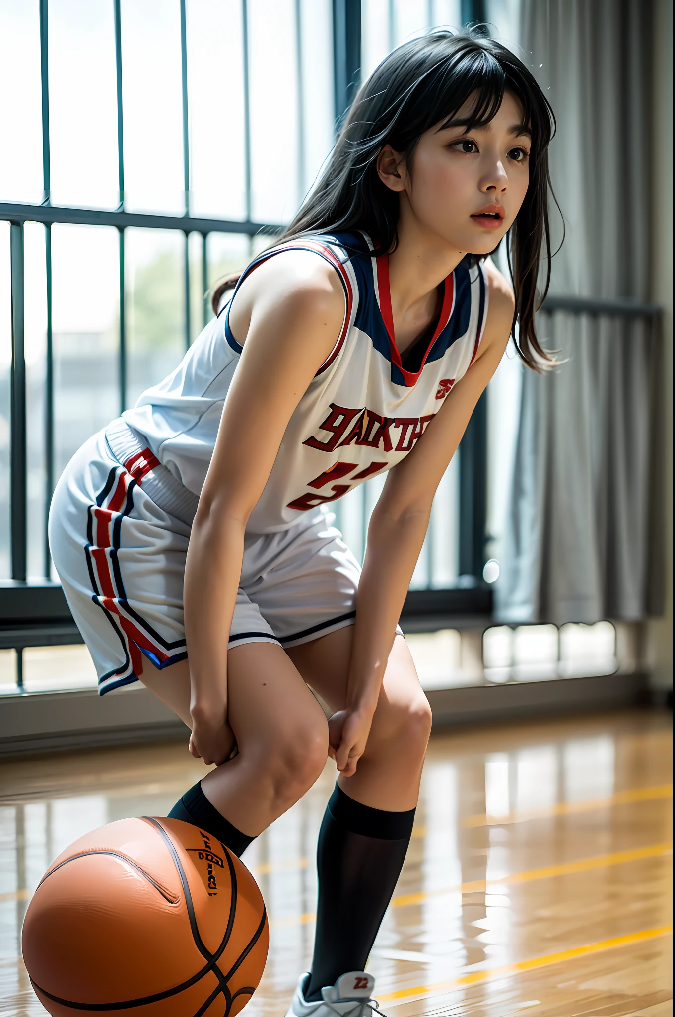 (8k, Best Quality, Masterpiece: 1.2), (Realistic, Realistic: 1.37), Ultra Detailed, Best Quality, Ultra High Resolution, Professional Lighting, Photon Mapping, Radiosity, Physically Based Rendering, Cinematic Lighting, Basketball court, depth of field, clear focus, sunlight, good composition, (bokeh: 1.2) 1girl, solo, (full body), (closed mouth), beautiful and detailed eyes, pose, narrow waist, basketball uniform, black hair , messy hair, long hair blowing in the wind, (ulzzang-6500:1.2) mix4, hiqcgbody