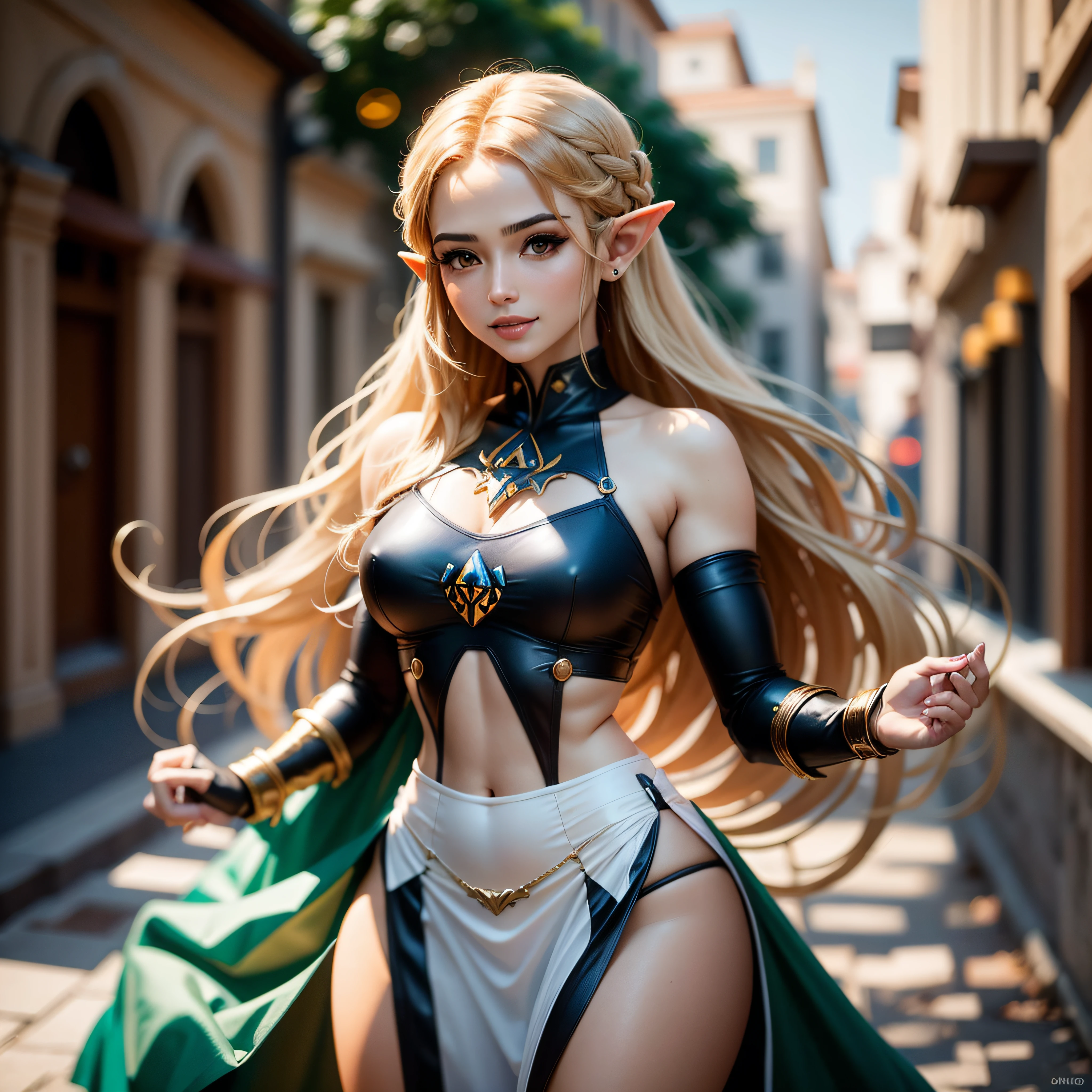 Mulher de cabelos loiros em roupa azul e bege segurando em poses de combate como em street fighter, lutando como em street fighter 2, guerreira, Zelda, Retrato de Zelda, de lenda de Zelda, Link da lenda de Zelda, link do Zelda, Fotos cosplay, Cosplay ornamentado, Cosplay profissional, Cosplay, Cosplay Completo, Artgerm Moody Fotografia, Princesa Zelda, Zelda como Triforce, Hyrule, Anime Garota Cosplay, ray-traced, 3d-render, extremanente detalhado, alta qualidade, Luz e sombra realistas, cabelos loiros, eye reflection, Sorriso leve, ray tracing, ray tracing, High detail, realismo, hiper-realismo, profundidade de campo, cinematic lighting, desfoque de movimento, brilho, luz brilhante, raios de deus, ray tracing, reflection light, Afterimage, multiple views, Reflexo da lente, Bokeh, 4k, UHD, Masterpiece, anatomicamente correto, pele texturizada, Super Detalhe, alta qualidade, best quality, 8k
