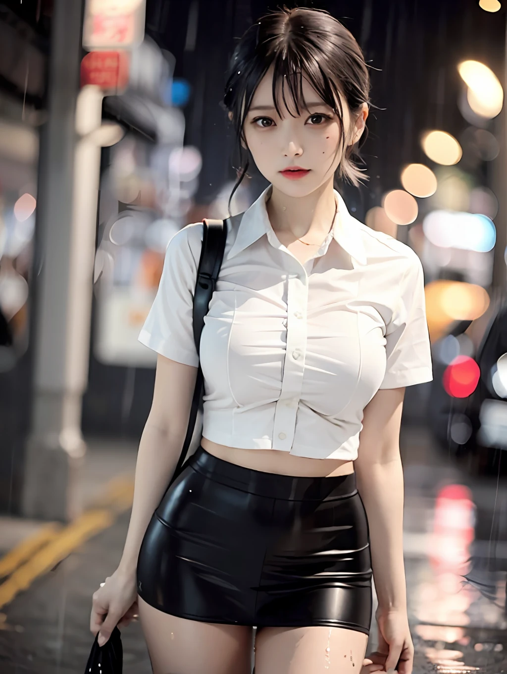 top-quality、1girl,Korea person、A dark-haired、Shorthair、Wet hair:1.2、二重まぶた、Narrow-eyed、Uniform that is wet:1.5、huge tits:1.1,Black underwear shows through、Black miniskirt、Thin leg、Angle from diagonally above、Standing position、View here、natta、rain is falling、A path without people、Background blur