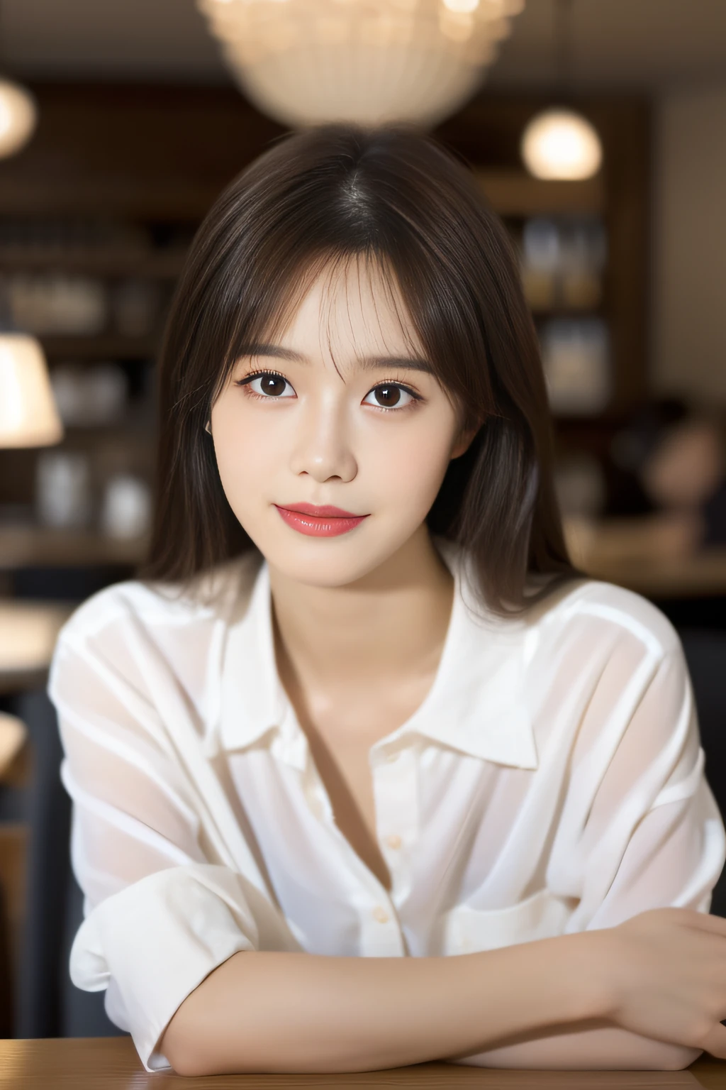 (Best image quality, fine details, silhouette beauty, natural light, warm and soft atmosphere, book scent) In bright light, beautiful woman in white shirt (double eyelids) in a café, looking directly at the camera.