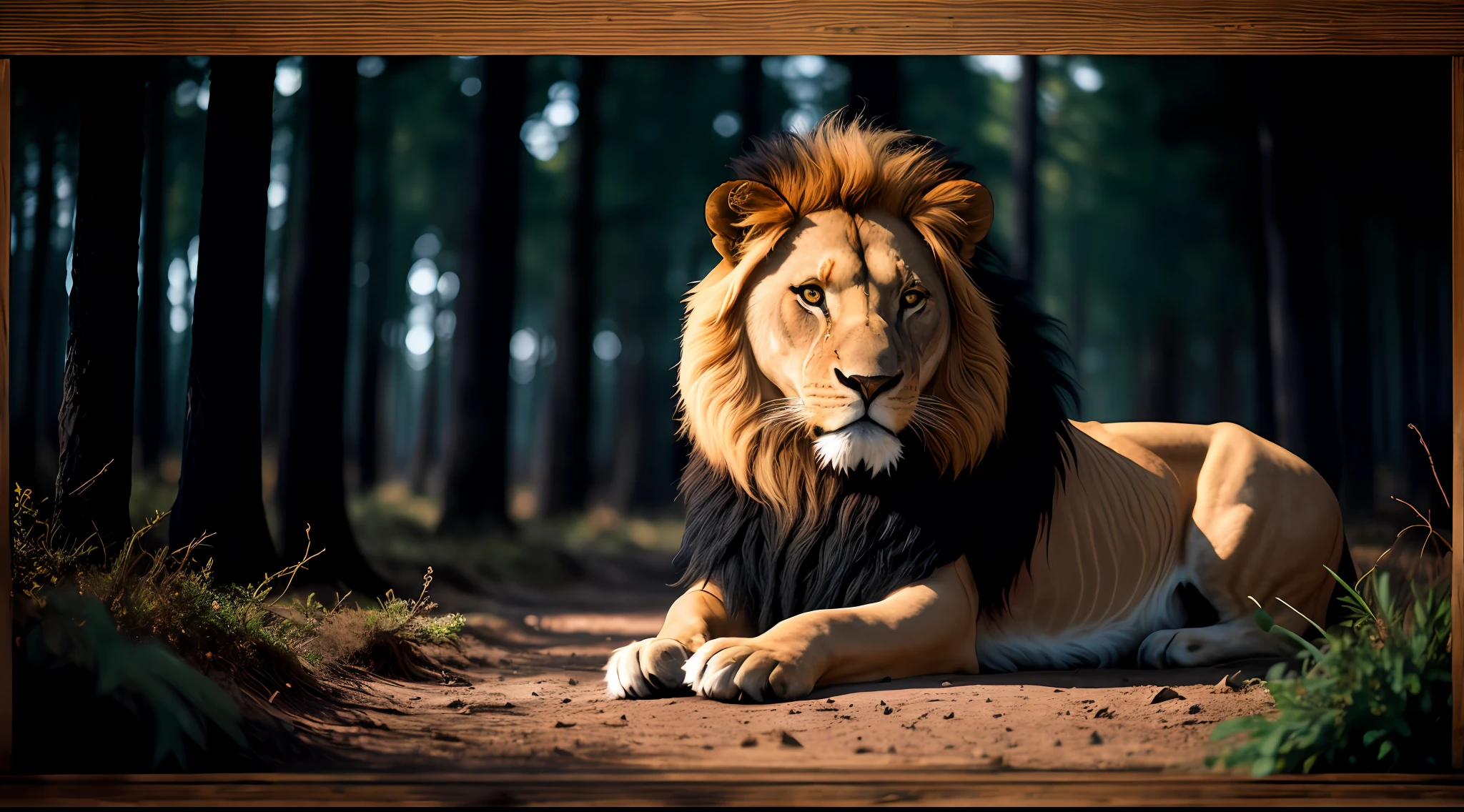 1Shining lion in a dark and mysterious forest, fantasia e nevoeiro, Ray of sunshine coming through the tree, fotorrealista, foto, obra-prima, realista, realismo, fotorrealismo, alto contraste, Trending photorealistic digital art in Artstation 8k HD high definition detailed realistic, detalhado, textura da pele, hiper detalhado, textura realista da pele, armadura, melhor qualidade, ultra alta res, (fotorrealista: 1.4),, alta resolução, detalhado, foto crua, Sharp Re, by Lee Jeffries Nikon D850 film Stock Photography 4 Kodak Portra 400 camera F1.6 Lens Rich Colors Hyper Realistic Texture Dramatic Texture UnrealEngine Trend in ArtStation CineStill 800,
