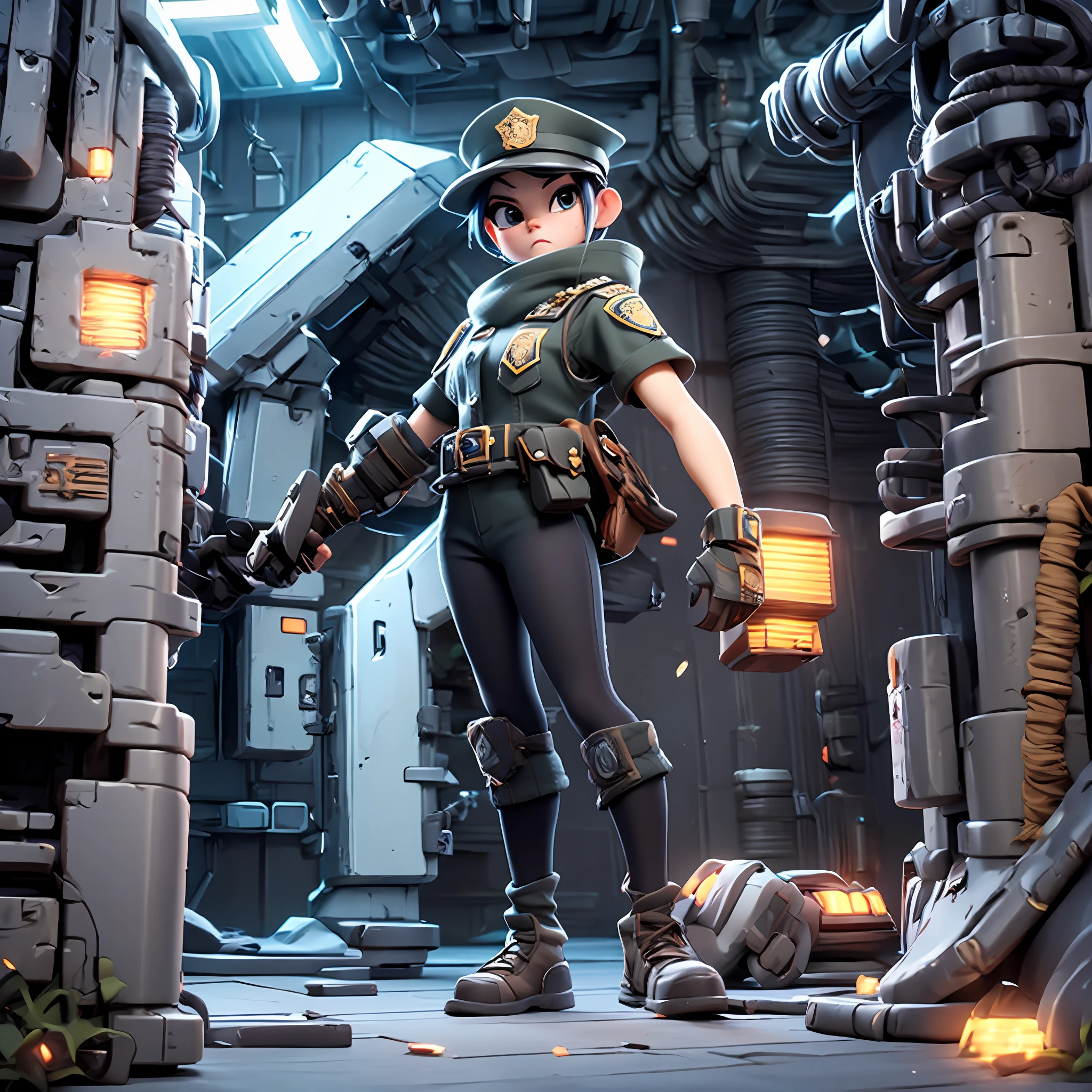 Deformed、Game-like、Character description、pixels、(Tall woman in police uniform)、greyt hair、long、cyberpunked、Cold、Degraded environment、Standing alone、Counter Attack、Provocative exterior beauty、ambush