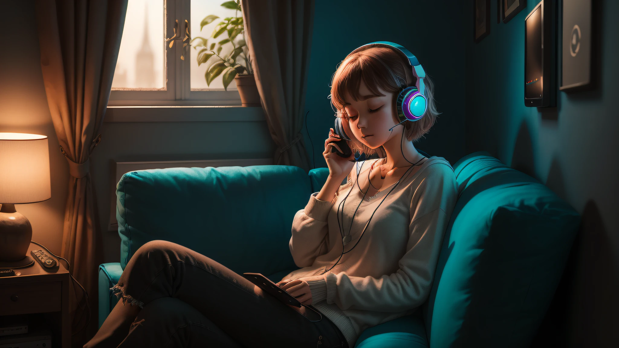 arafed girl with headphones sitting on a couch in a room, menina usando fones de ouvido, listening to music, listening to godly music, Fones de ouvido ligados, retrato de alta qualidade, vibing to music, Usando fones de ouvido, com fones de ouvido, capa de revista, cenario de Lofi, Shutterstock, listening to music at 2 am, Foto retrato suave 8 k, music being played