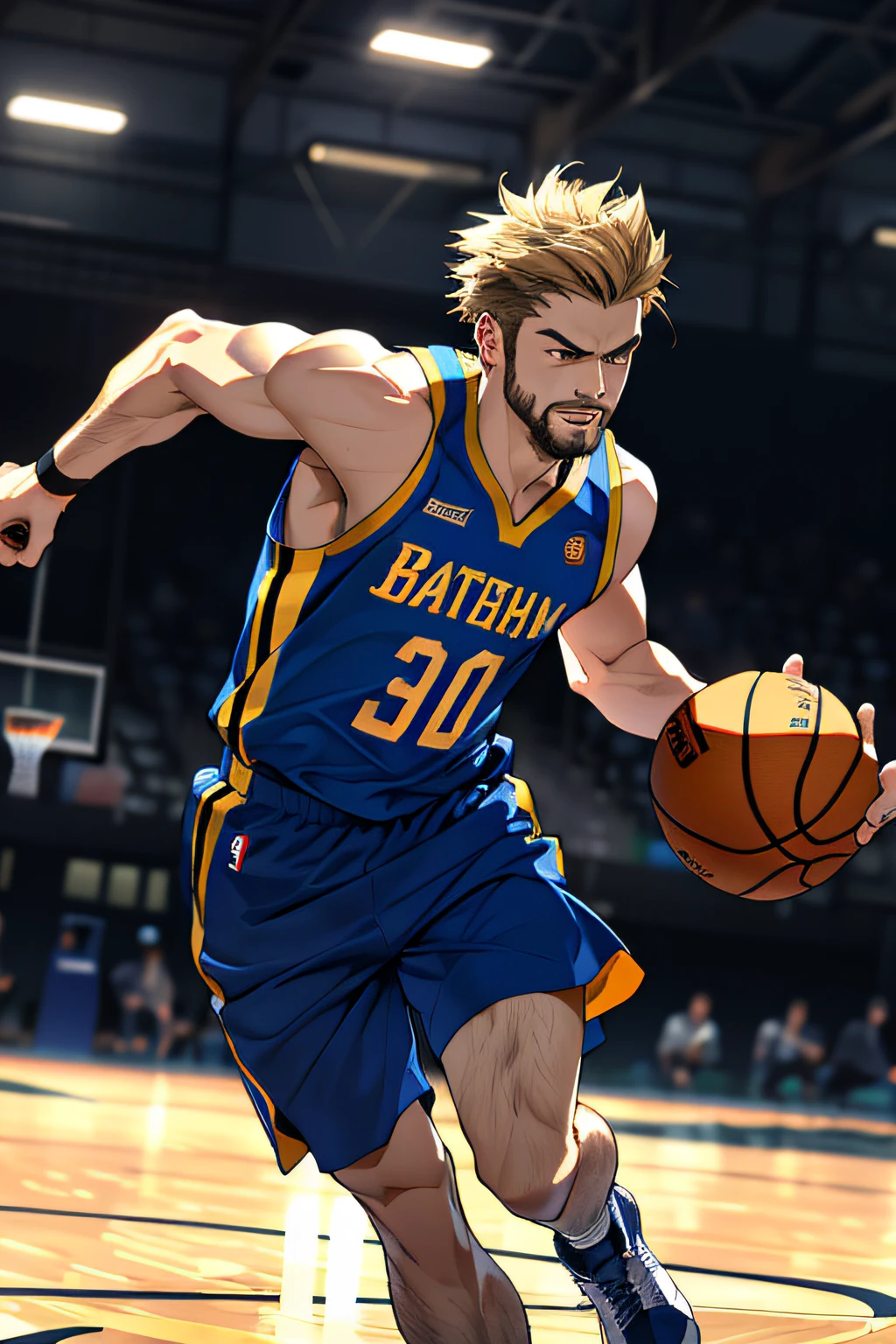 best qualtiy,tmasterpiece,The expression is fierce,超高分辨率,detailedbackground,realisticlying,1人,独奏,male people,musculous,Mature male,with short golden hair,European people,Facial hair,Play basketball on basketball,Realistic shadows and light,depth of fields,
