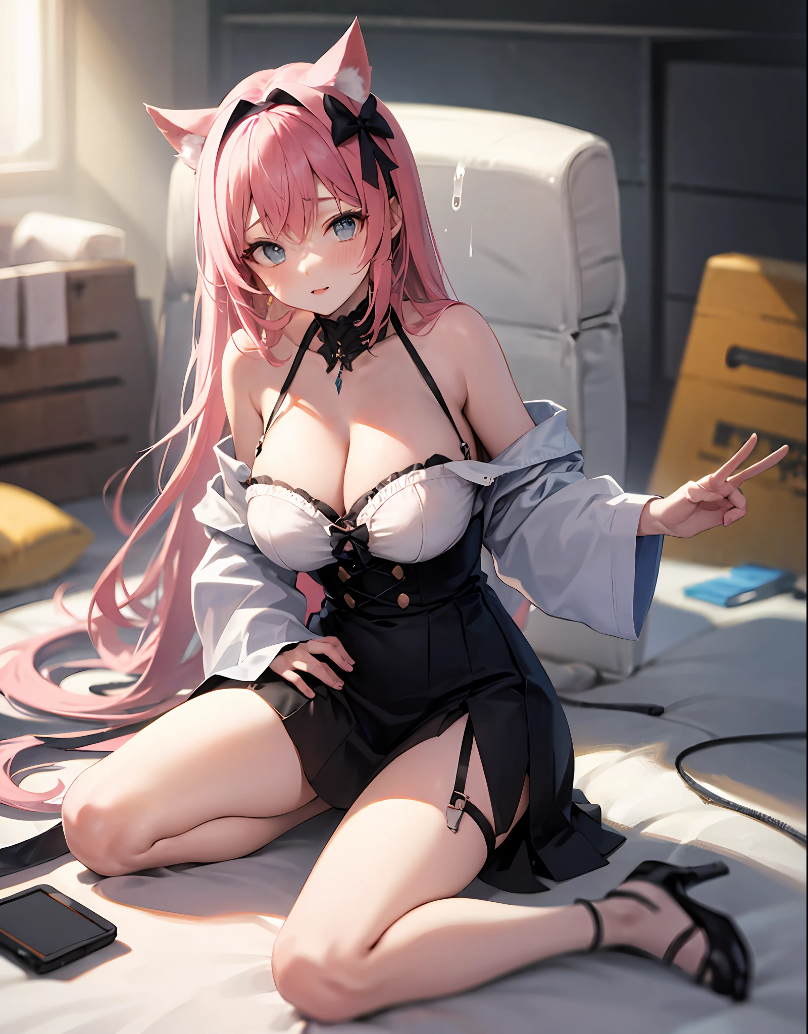full body shot shot,8K分辨率,high detal,Best image quality,depth of fields,Pout,Cat ears,Be red in the face,is shy,sleepy,long whitr hair,whaite hair,silber hair,Pink hair,veils,ta hair accessories,lacing,student clothes,offcial dress,pleatedskirt,bare-legged,stocklings,Bow,tilts your head,sit astride,lie,Azur route,huge tit,There is a white liquid on the body,Tear up clothes