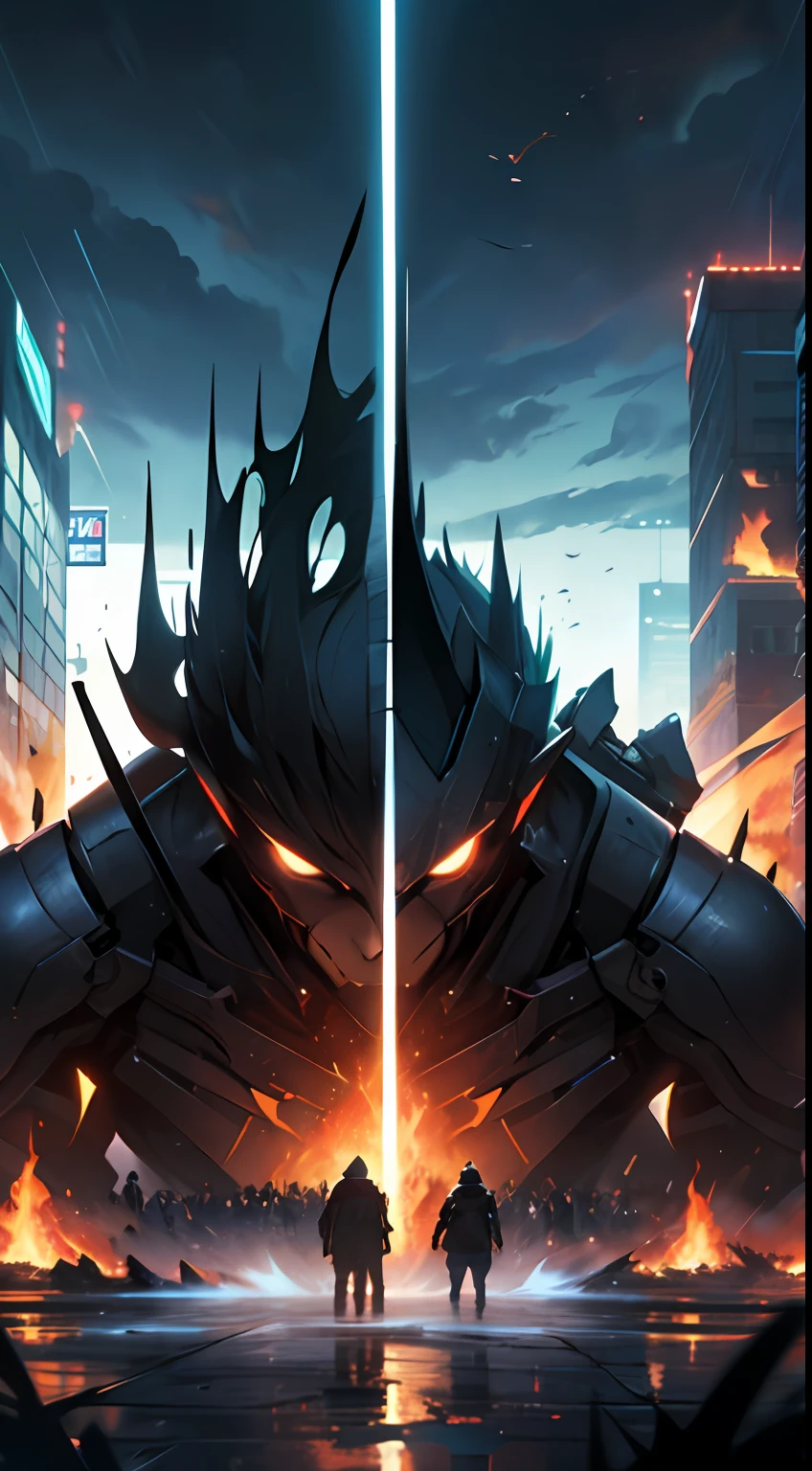 Two powerful forces facing each other, with thousands of people on each side, their gazes intersecting, creating a tense and intense atmosphere, 32k, best quality, masterpiece, super detail, high details,