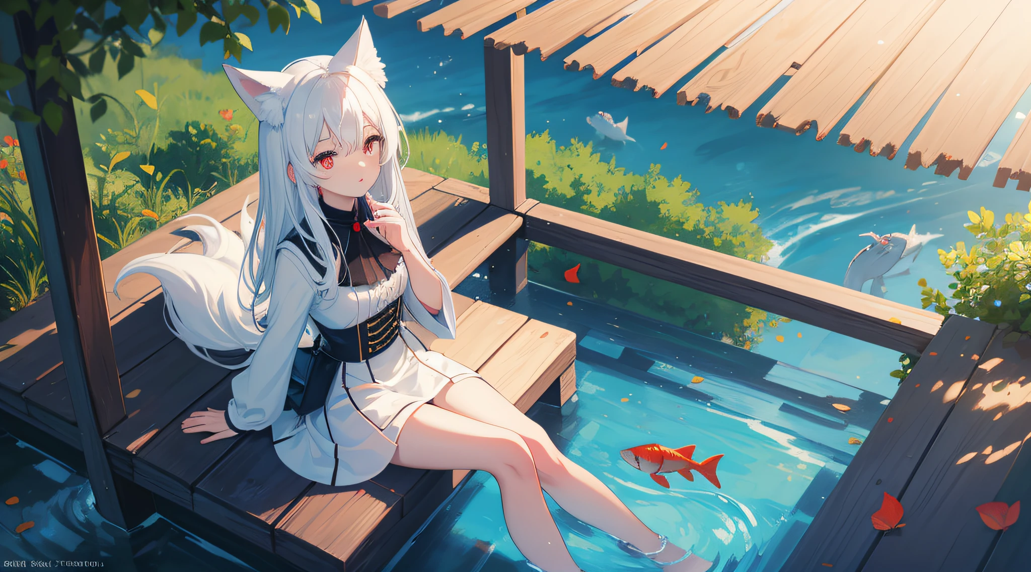 This is a top view,A young girl sits in a gazebo,Look up at the author,Put your legs in the water,The girl has a lot of fish on her legs,Girls sprinkle fish food,The girl has white hair,White fox ears,Light red lips,Eyes with exquisite details,Vertical pupils,Red pupils,Finely crafted eyeballs,conservativelydressed,Mountains and rivers in the distance,Leave a blank background。