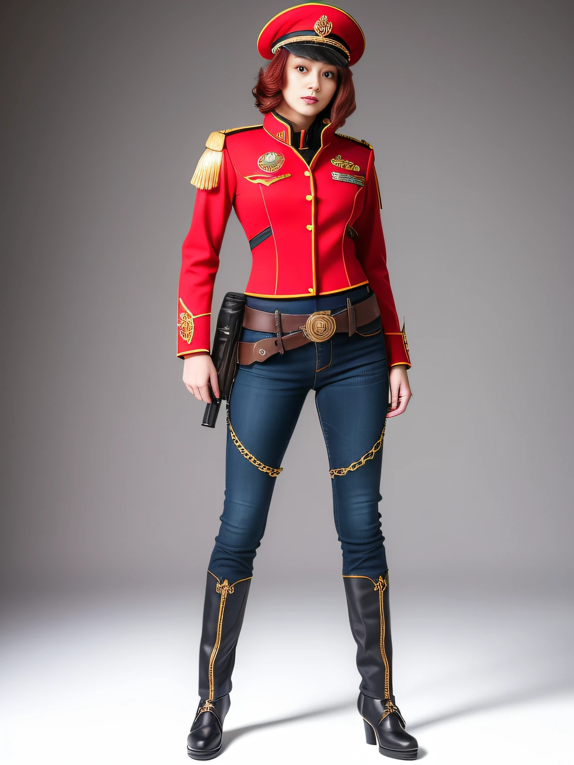 ModelShoot style，Full body photo of Alisa，Kizi，short detailed hair，Warhammer 40k commissar，（Cap with badge：1.3），epic（photore，studio lit，strong lights，Sony A7，50 mm，Matte skin，pores，colours，hyper-detailing，Hyper-realistic),