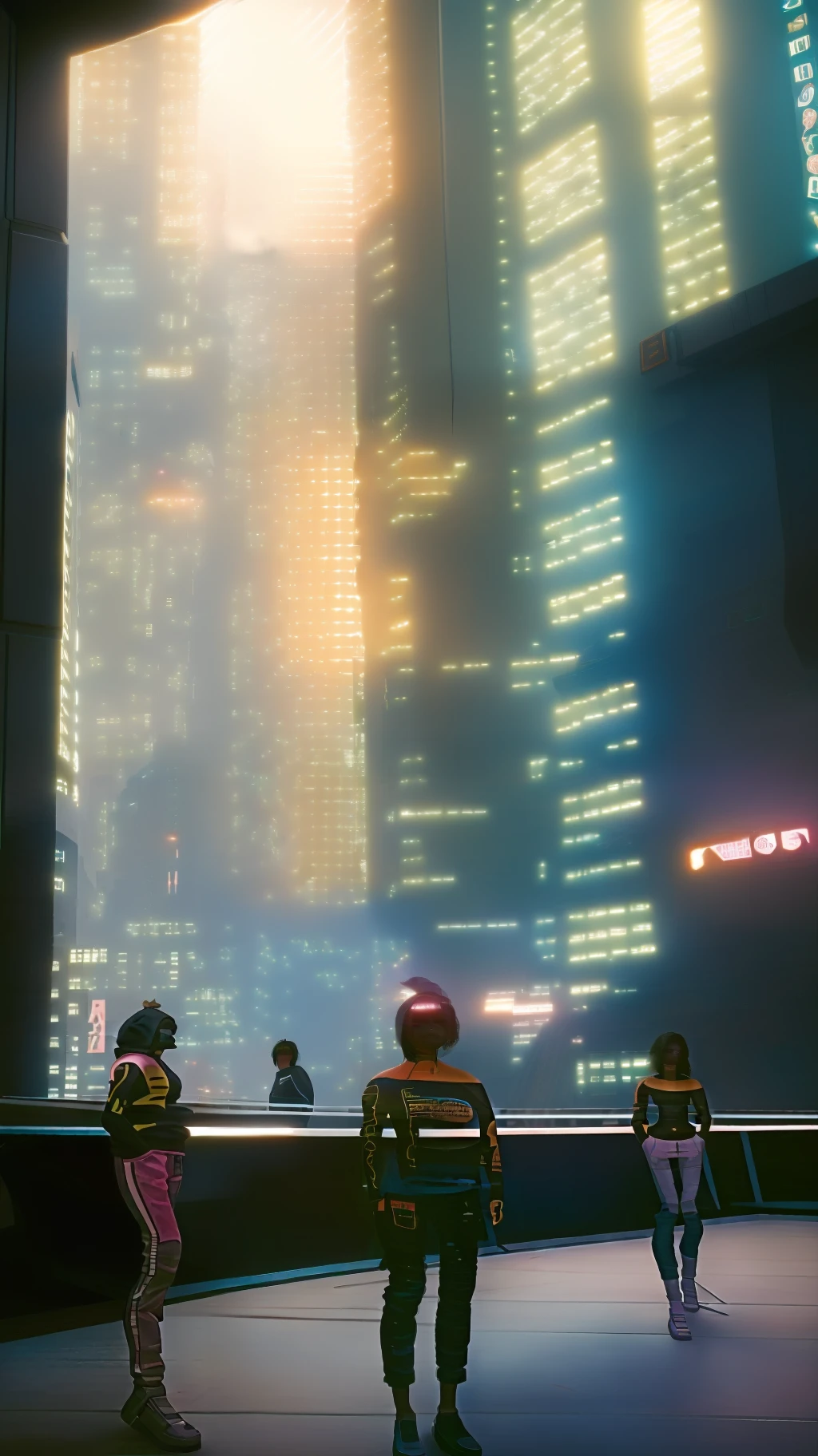 (Cyberpunk elements,Dense buildings:1.2,A large number of NPCs:1.2)+(Beautiful countryside,Morning mist,Detailed depiction),(High-rise buildings,Ambilight,Bright light environment,night city on the background),(Multitasking interaction surveys,Distinctive people and details of life),(Heavy industrial texture)+(High detail production skills,1girl)+(Innovative styling,short hair:1.2+hoodie,futuristic T-shirt,pants)+(T-shaped retro landscape)+(Atmospheric storyline,Hobby depiction,Unique music and color atmosphere)
