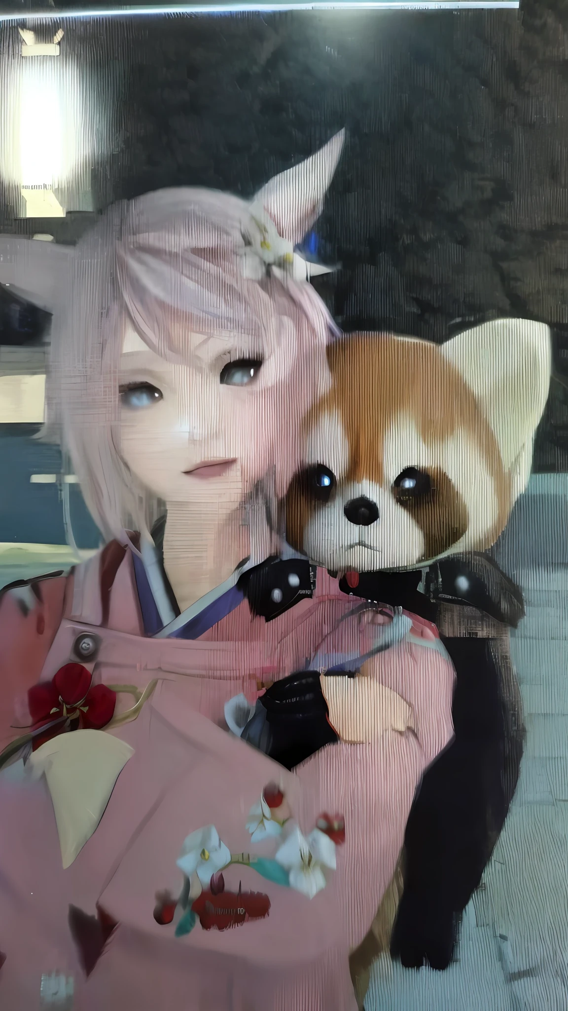 Anime girl with pink hair holding a red panda holding a red panda, with kitsune mask, From《Final Fantasy XIII》, sakura haruno, nixeu and sakimichan, her face looks like an orchid, thancred waters, pink twintail hair and cyan eyes, hidari and vlop, Pink fox, very very low quality picture, the bunny has pink fur