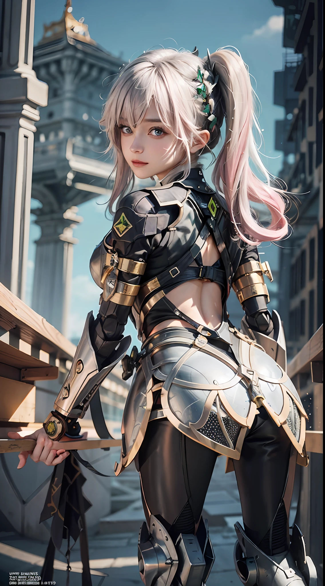1girll，araffed robot with a gun and a gun in its hand, Seductive body，Super cute girl，Monster background，Godzilla background，Huge mech back, female mecha, wlop and krenz cushart, 4k highly detailed digital art, anime robotic mixed with organic, High quality digital concept art, by Krenz Cushart, cyberpunk anime girl mech，Pink and white mech, girl in mecha cyber armor, Impressive face， delicated face，facial closeups，Elaborate Eyes， Handsome fighting stance，Particle，High detail in light and shadow，Push back feeling，future warrior，Exquisite body details，Best Tech Poster，Best 4k anime wallpapers，Reasonable body structure，Short pink hair，Hair details of the mechanism，Reasonable body structure，laser，wing，Cool weapon，A body，Reasonable body structure