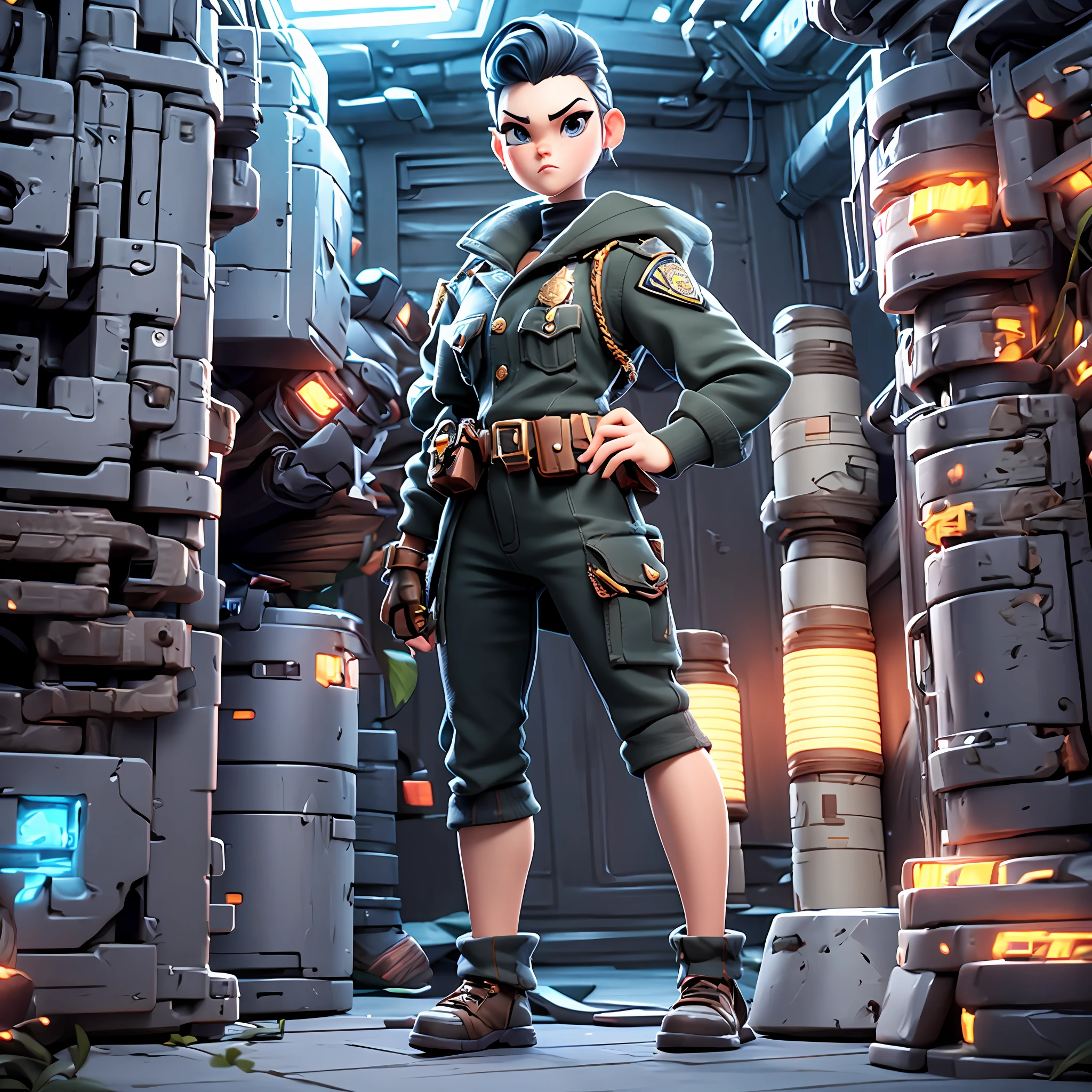 Deformed、Game-like、Character description、pixels、(Tall woman in police uniform)、greyt hair、Long、cyberpunked、Cold、Degraded environment、Standing alone、Counter Attack、Beauty with provocative look、ambush
