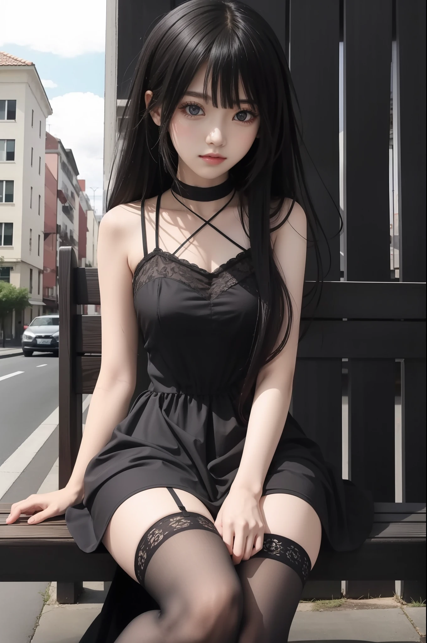 anime girl sitting on a bench in a city with a black dress, anime girl wearing a black dress, anime moe artstyle, seductive anime girl, anime visual of a cute girl, an anime girl, attractive anime girl,  in dress, cute anime waifu in a nice dress, (anime girl), anime best girl, beautiful anime girl, by Jin Homura, tokisaki kurumi