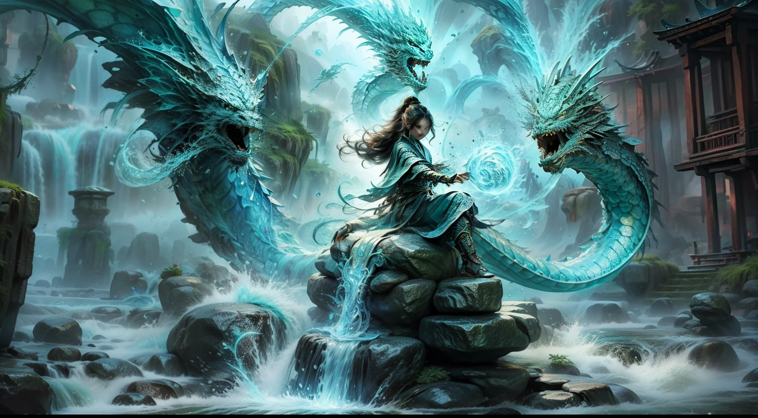 There was a woman and a dragon sitting on a rock, Chinese fantasy, Beautiful digital artwork, Fantasy art style, digital fantasy art ), by Yang J, Dragon girl, Alice X. zhang, trending digital fantasy art, beautiful fantasy art, Asian Woman Water Elemental, Beautiful character painting, xianxia fantasy, 2. 5 D CGI anime fantasy artwork