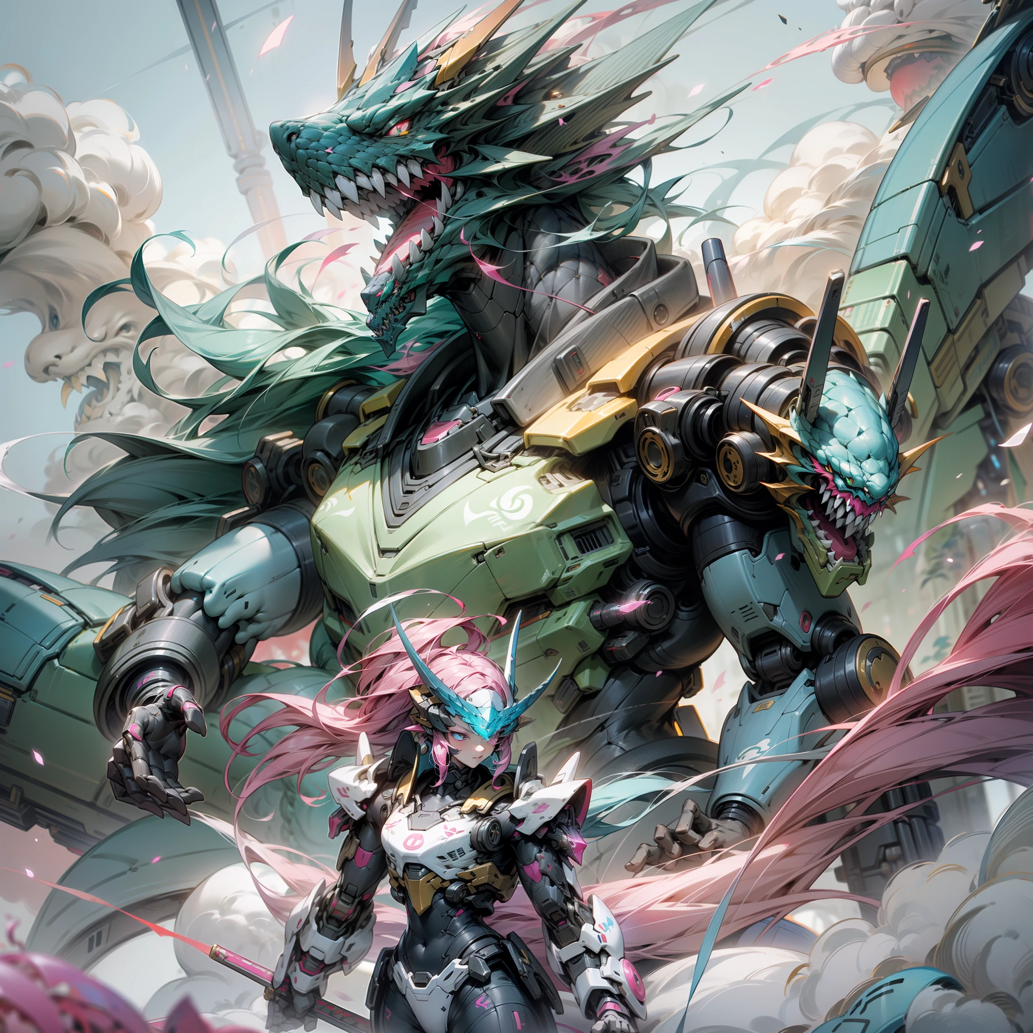 Blue and pink are the main colors，Tall mech，Powder blue gradient body，Powder blue gradient，Use the plasma sword，There is a dragon particle effect，taichi，China-style，mechanical sense，sense of strength，Sense of space，combats，cyber punk perssonage，Human body modification，Structurally sound，Battle instant，high-quality face，4K，High quality，Masterpieces，of a real，drak，Western Dragon，chinesedragon