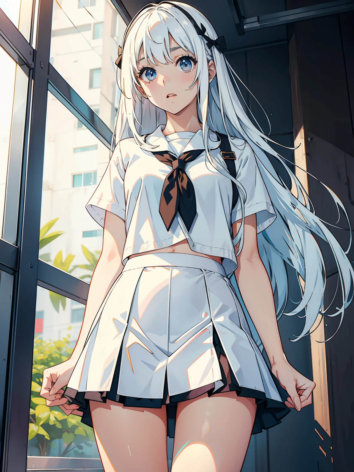 teens girl，long whitr hair，short  skirt，white colors，full bodyesbian