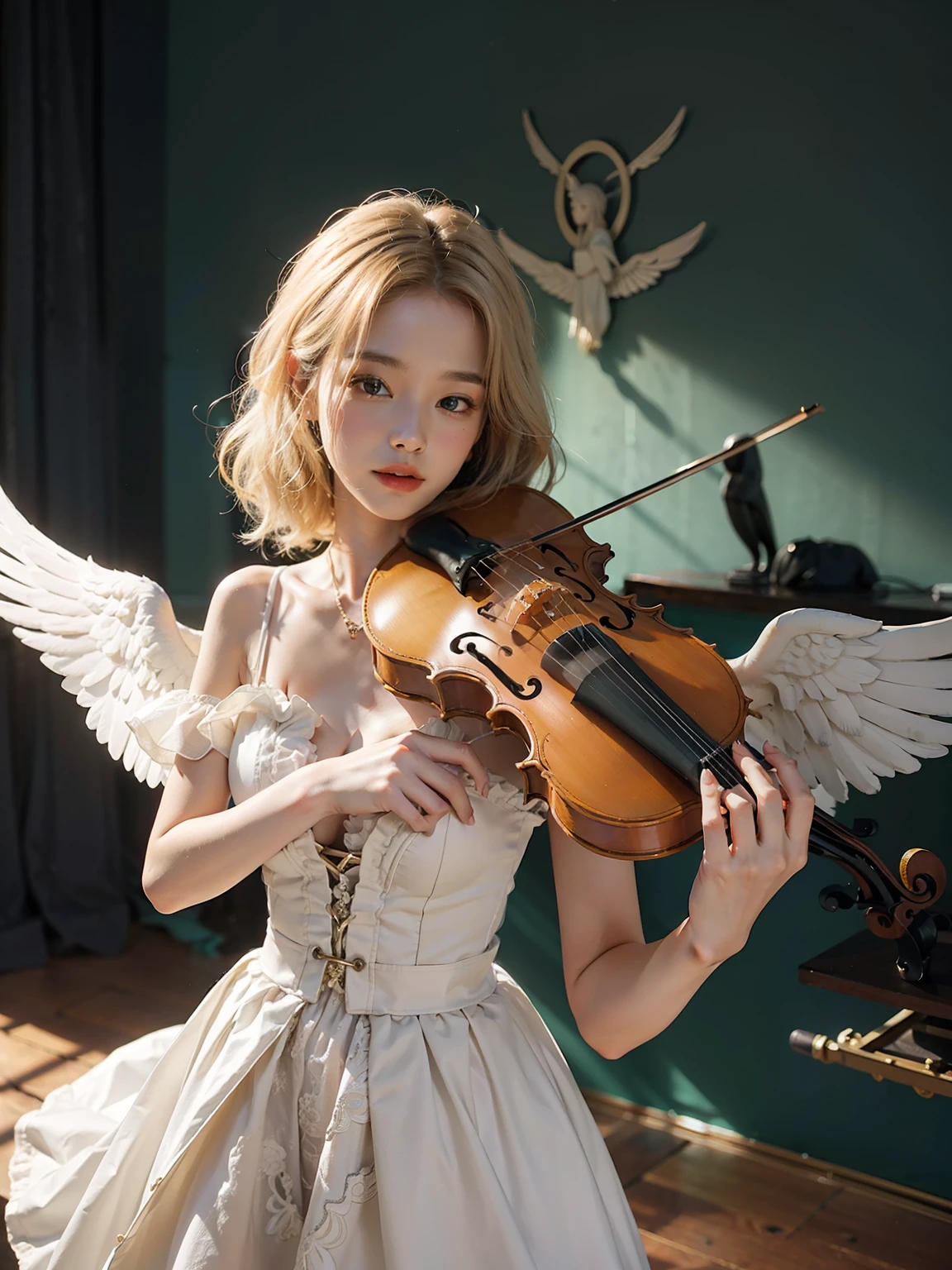Blonde angel with violin and wings, (fantasy violin), fantasy violin, young wan angel, Shot on Canon EOS R 6, beautiful angel, shot with canon eoa 6 d mark ii, cosplay foto, Angelic, violin, by Yang J, with real wings, standing on top of a violin, angelicales, sakimichan, shot on canon eos r 5