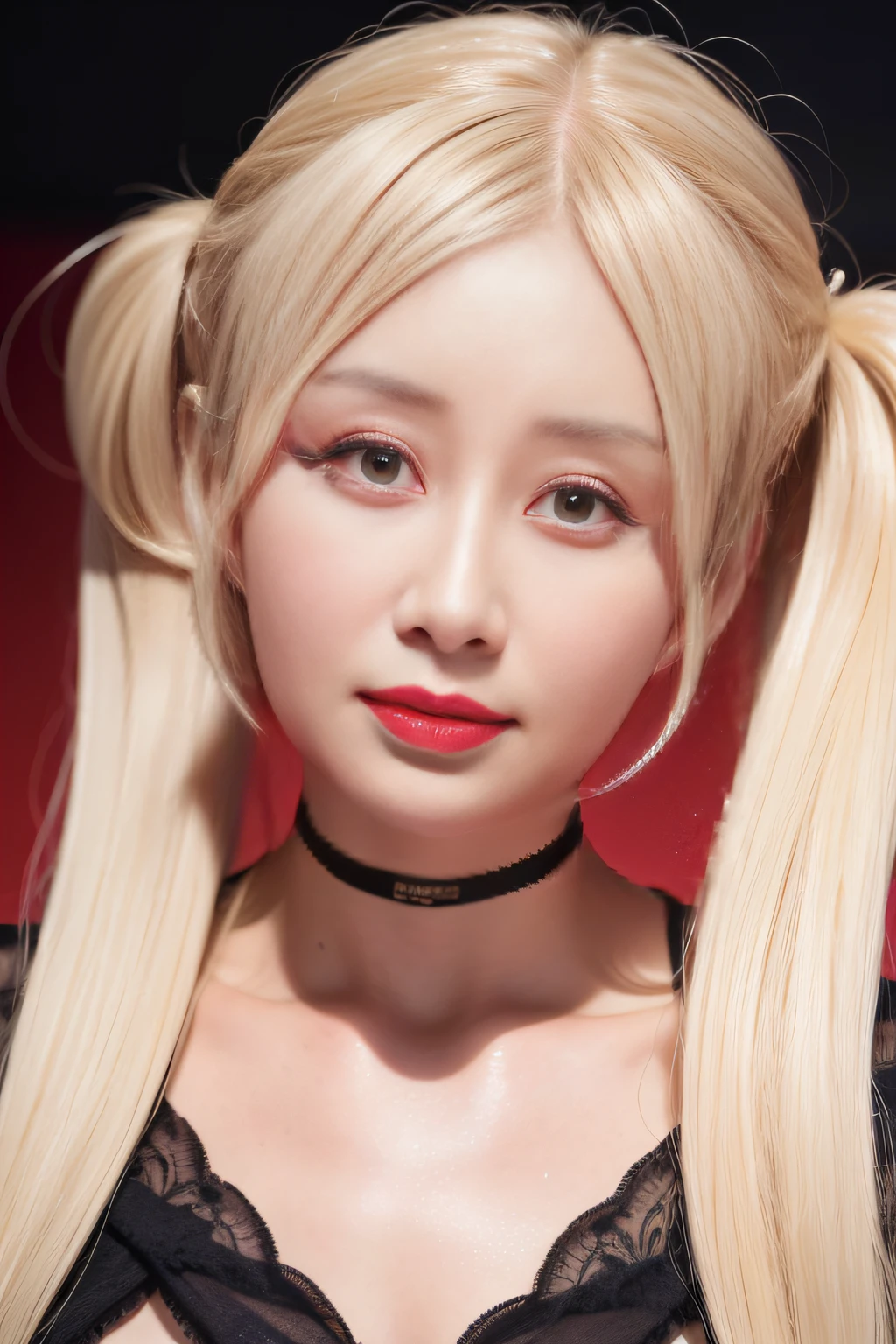 (8k, 4k, best quality, highres, ultra high res:1.1), (masterpiece, realistic, photo-realistic:1.1), 1girl, face, close-up, twintails, blonde hair, black eyes, red lips, (looking at viewer:2), absurdly long hair, long eyelashes, eyeshadow, small face, big eyes,
bare shoulders,
high contrast,
