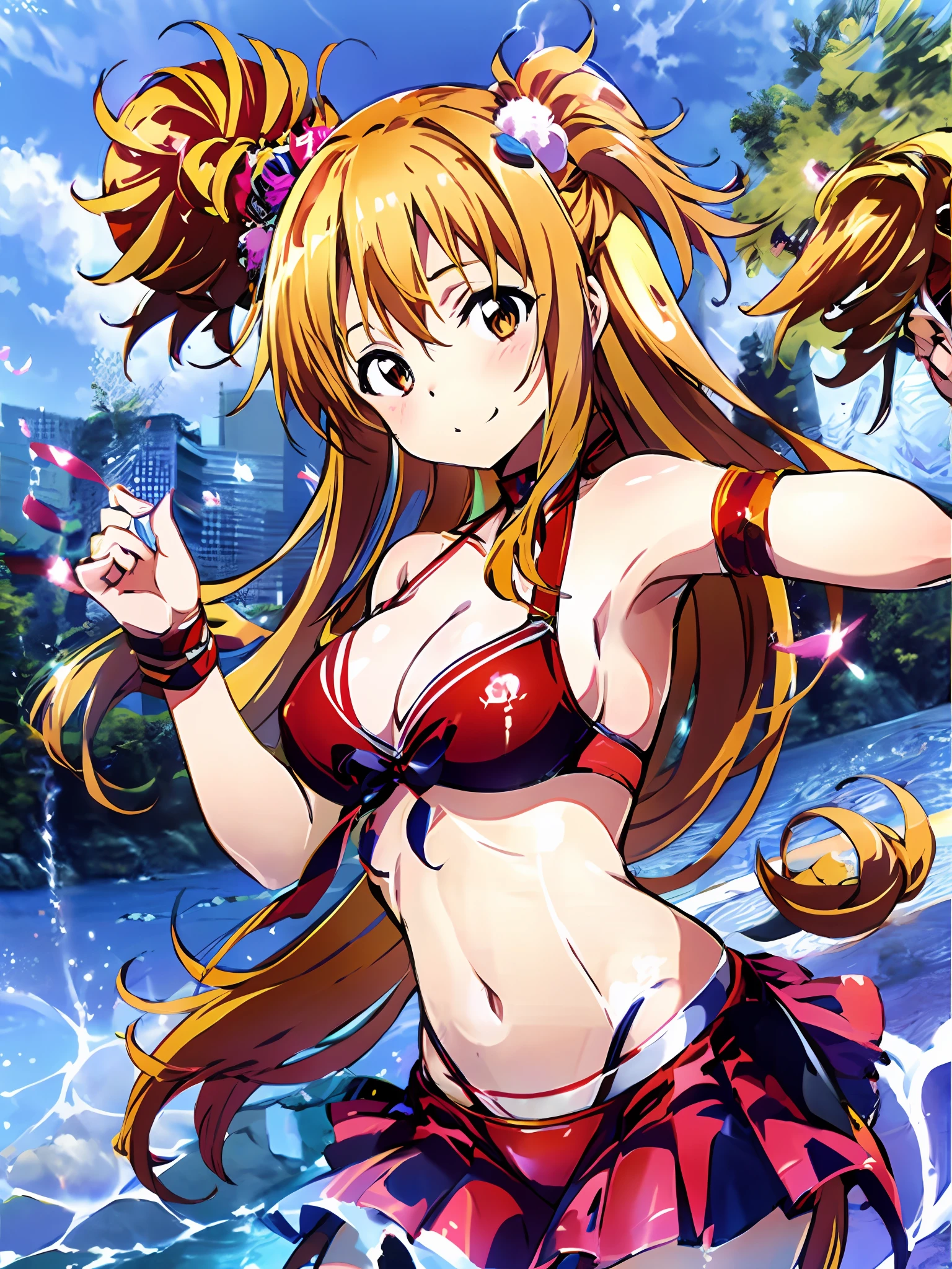 masterpiece, best quality, 8k wallpaper, asuna, asuna, anime girl in cheerleader costume with pom pom, ecchi anime style, red bikini, anime moe art style, marine kitagawa fan art, pixiv 3dcg, seductive anime girl, cheering, anime best girl,, anime goddess, popular on pixiv, (anime girl), Beautiful charming anime teen,