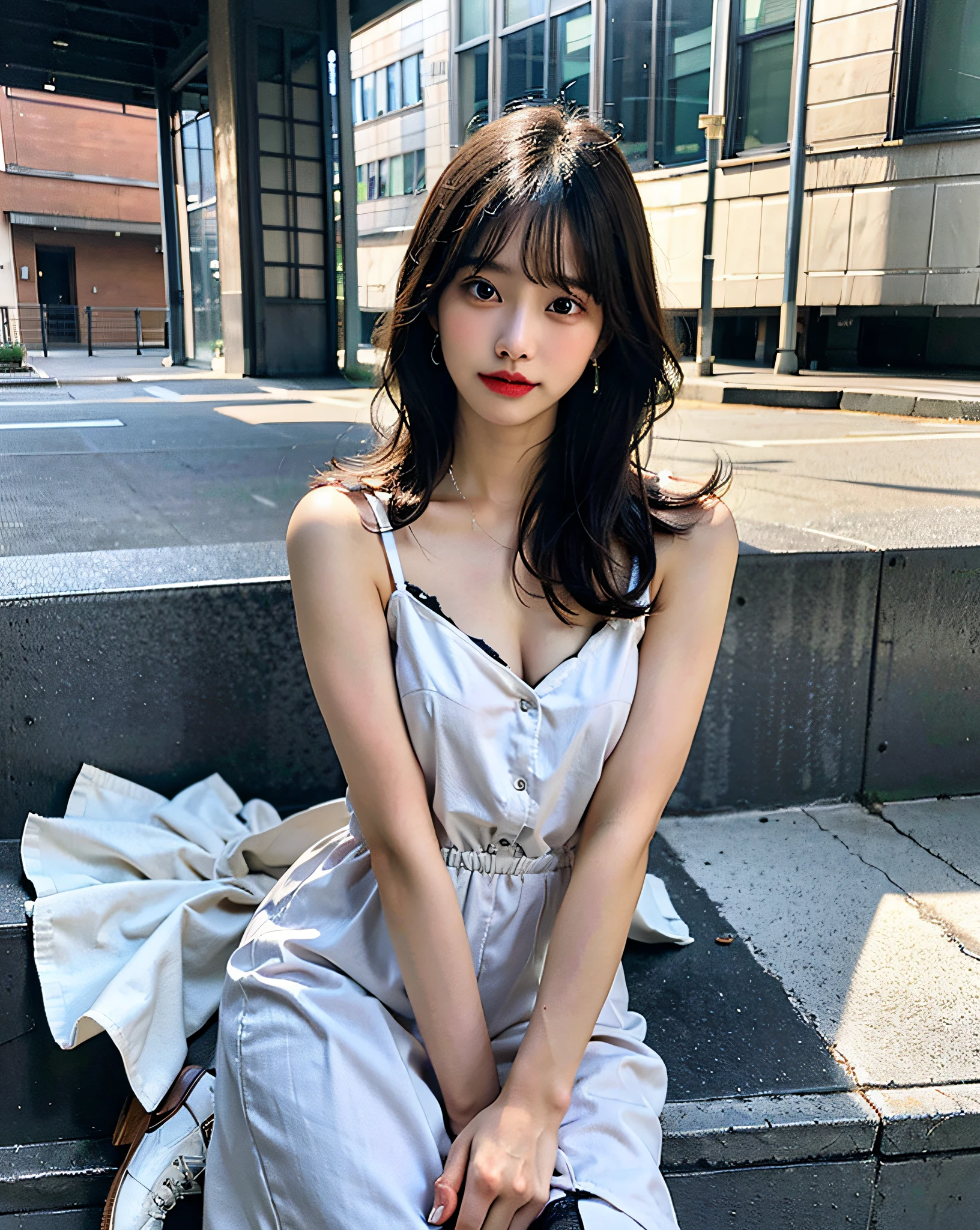 top-quality、Hi-Res、8K、Girl 1 Mature Mature Mature Woman Person、during the day、、A dark-haired、short-cut、with light glowing、outside of house、Luxury、(Medium Hair)、Beautiful detail sky、Beautiful earrings、(dynamicposes:0.8)、(fullllbody:1.2)、Soft breeze、shinny skin、line of sight、Bust、Black lingerie、Office、Show your crotch to viewers、