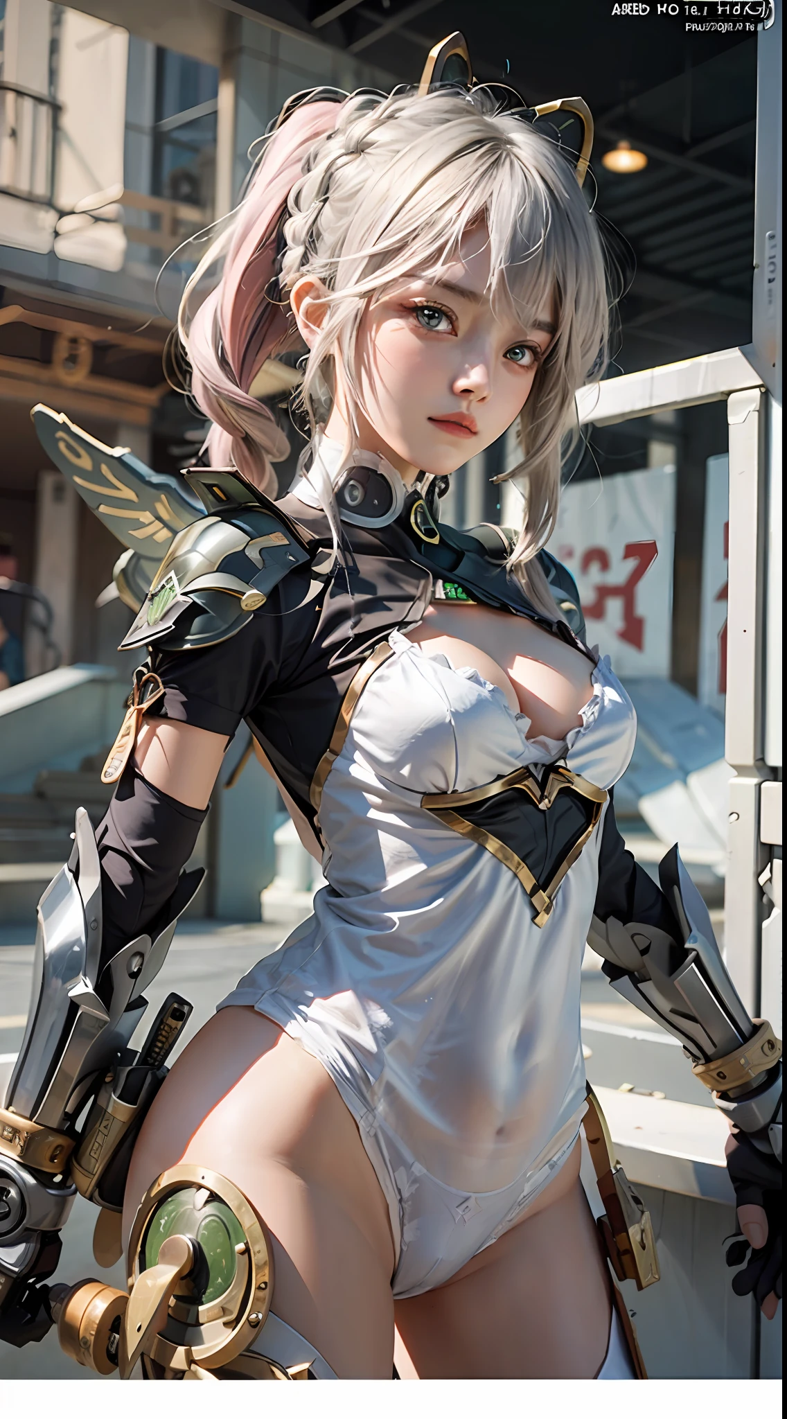 1girll,araffed robot with a gun and a gun in its hand, Seductive body,Super cute girl, female mecha, wlop and krenz cushart, 4k highly detailed digital art, anime robotic mixed with organic, High quality digital concept art, by Krenz Cushart, cyberpunk anime girl mech,Pink and white mech, girl in mecha cyber armor, Impressive face, delicated face,facial closeups,Elaborate Eyes, Handsome fighting stance,Particle,High detail in light and shadow,Push back feeling,future warrior,Exquisite body details,Best Tech Poster,Best 4k anime wallpapers,Reasonable body structure,Short pink hair,Hair details of the mechanism,Reasonable body structure,laser,wing,Cool weapon,A body,Reasonable body structure