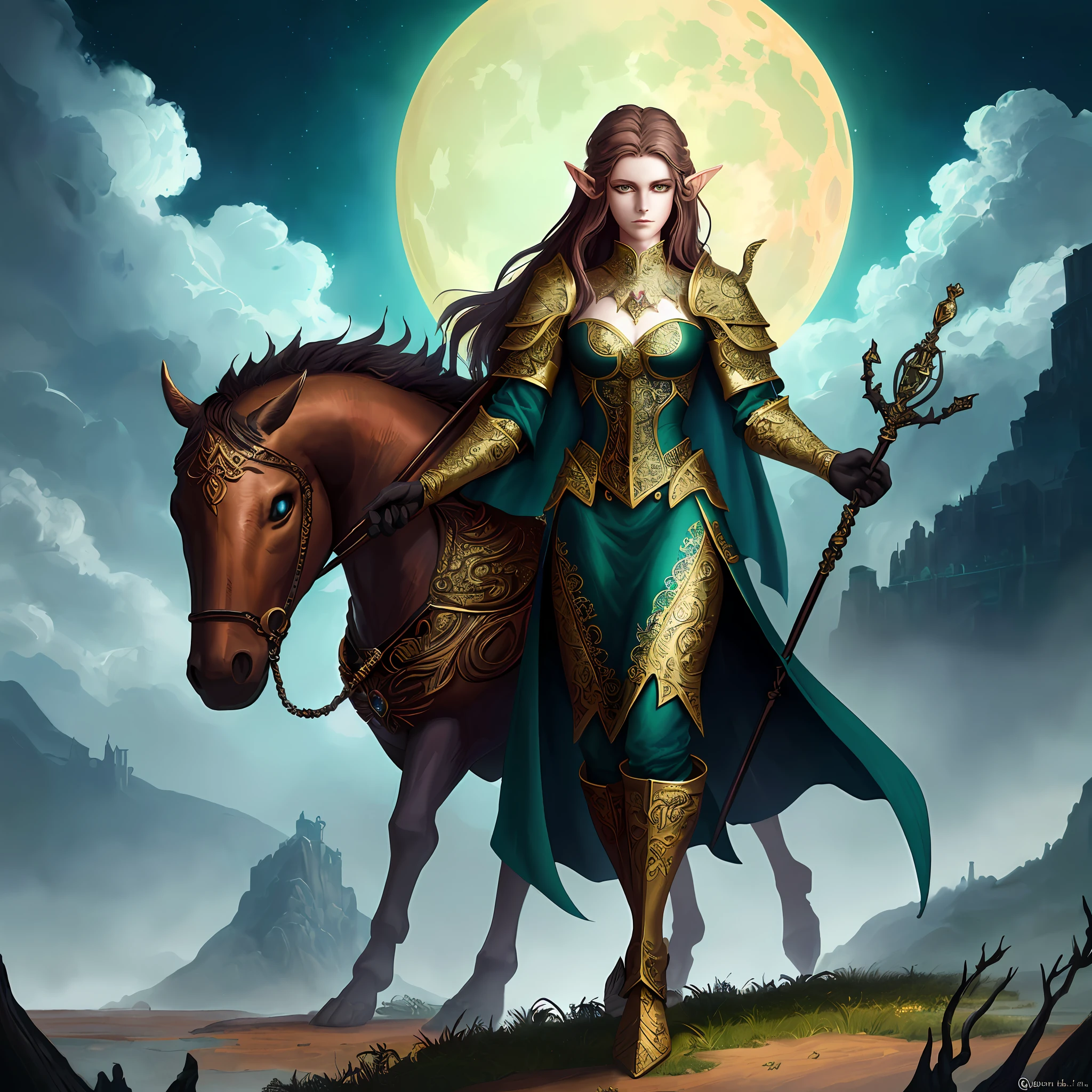 gothic art, dark fantasy art, (masterpiece:1.5), full body intricate details, highly detailed, best quality, highres, portrait of a female, elf (1.6, fantasy art, Masterpiece, best quality), feminine, druid, cleric of nature, (1.4 intricate details, fantasy art, Masterpiece, best quality) with a short brown hair, green eyes, (fantasy art, Masterpiece, best quality), ((beautiful delicate face)), Ultra Detailed Face (1.6 intricate details, fantasy art, Masterpiece, best quality), armed a staff, green cloak, flowing cloak (1.4 intricate details, fantasy art, Masterpiece, best quality), leather armor (1.4 intricate details, fantasy art, Masterpiece, best quality), in fantasy setting forest at night, moon, clouds, dynamic angle, gothic atmosphere, dynamic light, depth of field, soft light, cinematic light, [[anatomically correct]], high details, best quality, 8k, [ultra detailed], masterpiece, best quality, (extremely detailed), dynamic angle