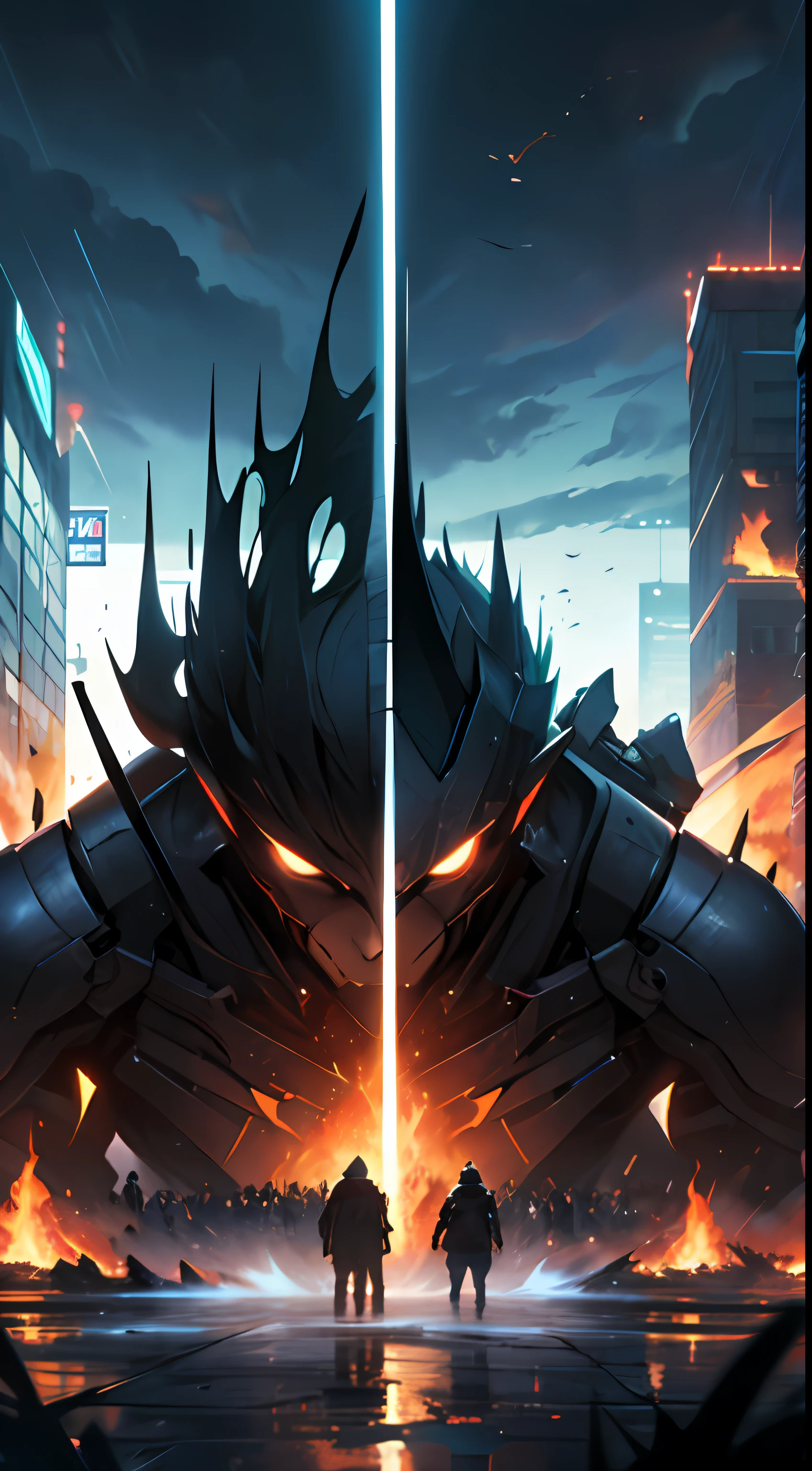 Two powerful forces facing each other, with thousands of people on each side, their gazes intersecting, creating a tense and intense atmosphere, 32k, best quality, masterpiece, super detail, high details,