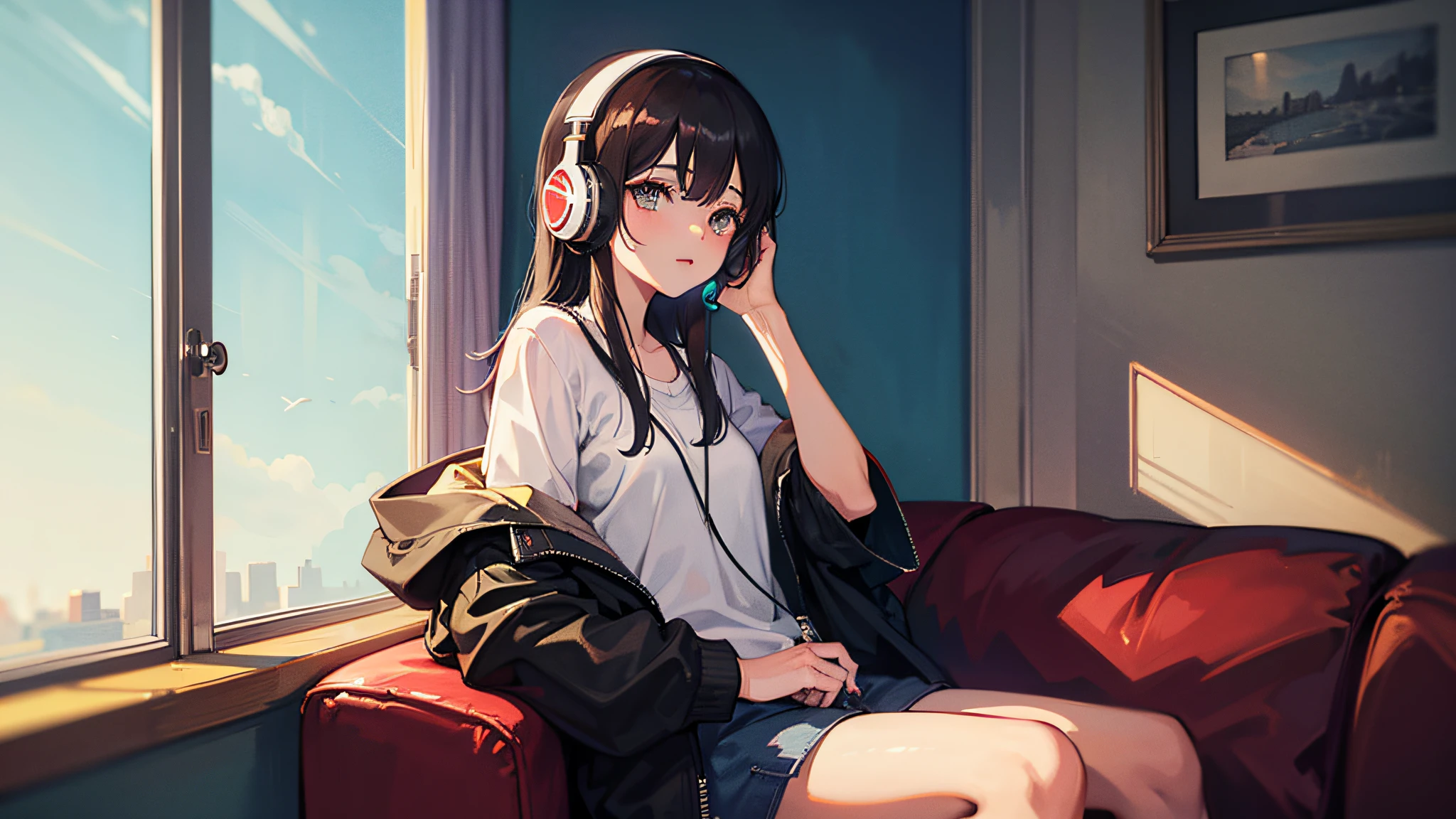 arafed girl with headphones sitting on a couch in a room, usando fones de ouvido, listening to music, listening to godly music, Fones de ouvido ligados, retrato de alta qualidade, vibing to music, Usando fones de ouvido, com fones de ouvido, Foto retrato, Retrato de Lofi, Shutterstock, listening to music at 2 am, Foto retrato suave 8 k, music being played