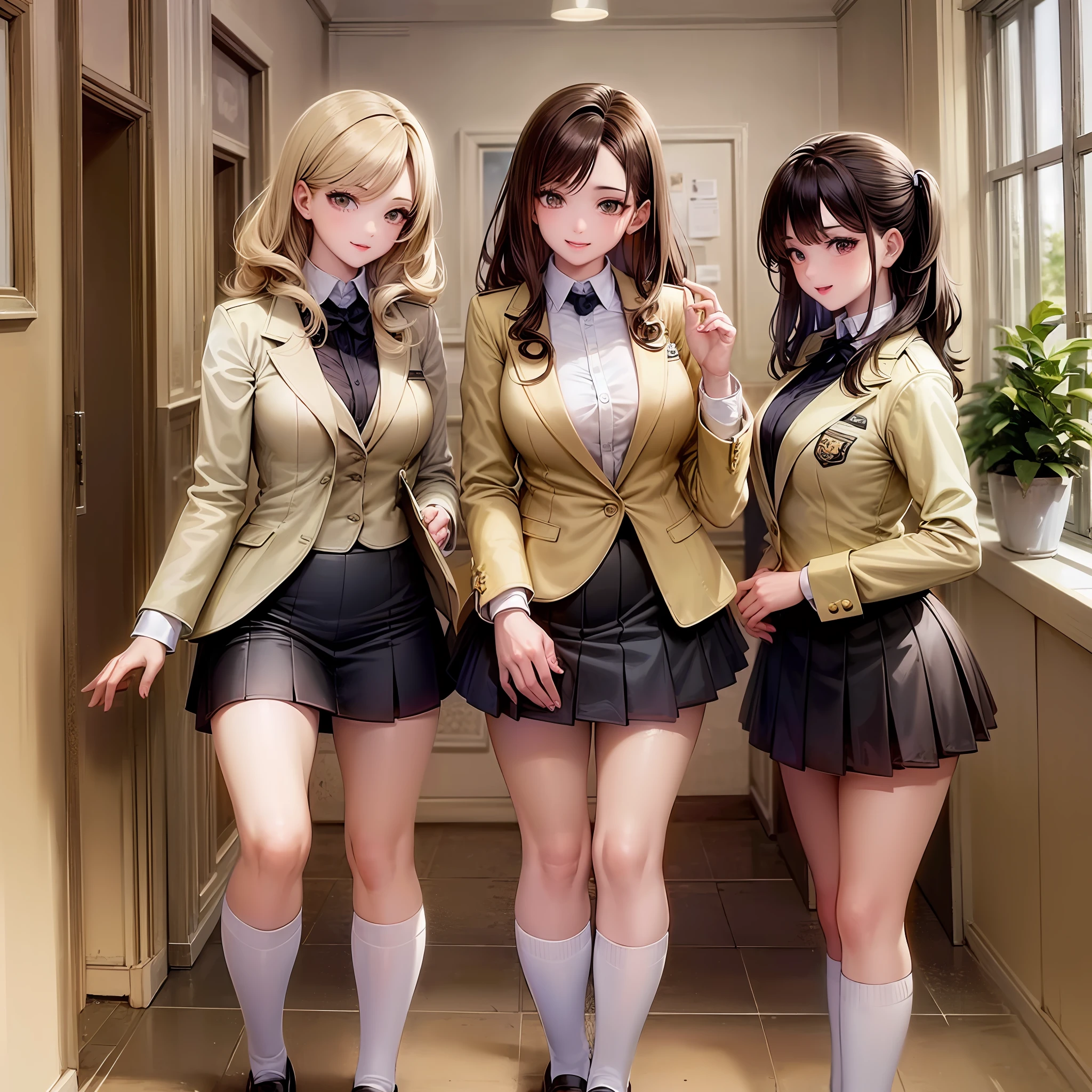 ((Masterpiece, highres)), 10+girls, group, sisters, (brown haired girls, blonde girls)), long hair, curly hair, matching hairstyles, different hair color, confident, elegant, rich girls, proud smiles, (((matching outfits, identical outfits, yellow school uniforms, sexy school uniforms, yellow blazer, yellow short skirt, white thighhighs, long white socks, black loafers)))