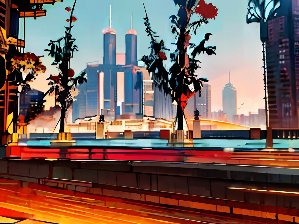 Japanese manga style,Skyscrapers in the background, skyscrapers in the distance, tall buildings in background, Chongqing City, Building in the distance, Chongqing, urban in the background, with the city as the background, City in the background, skyline in the distance, tall buildings on the sides
