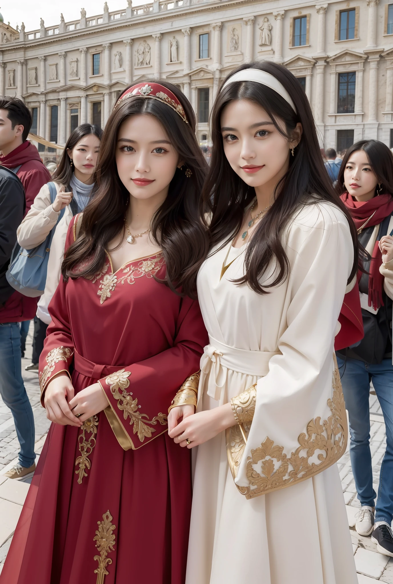 masterpiece, 4K, best quality, FELute, necklace,gorgeous dress, (on the St. Peter's Square of Vatican,crowd),bracers, cowboy shot, looking at viewer, smirk, hand up