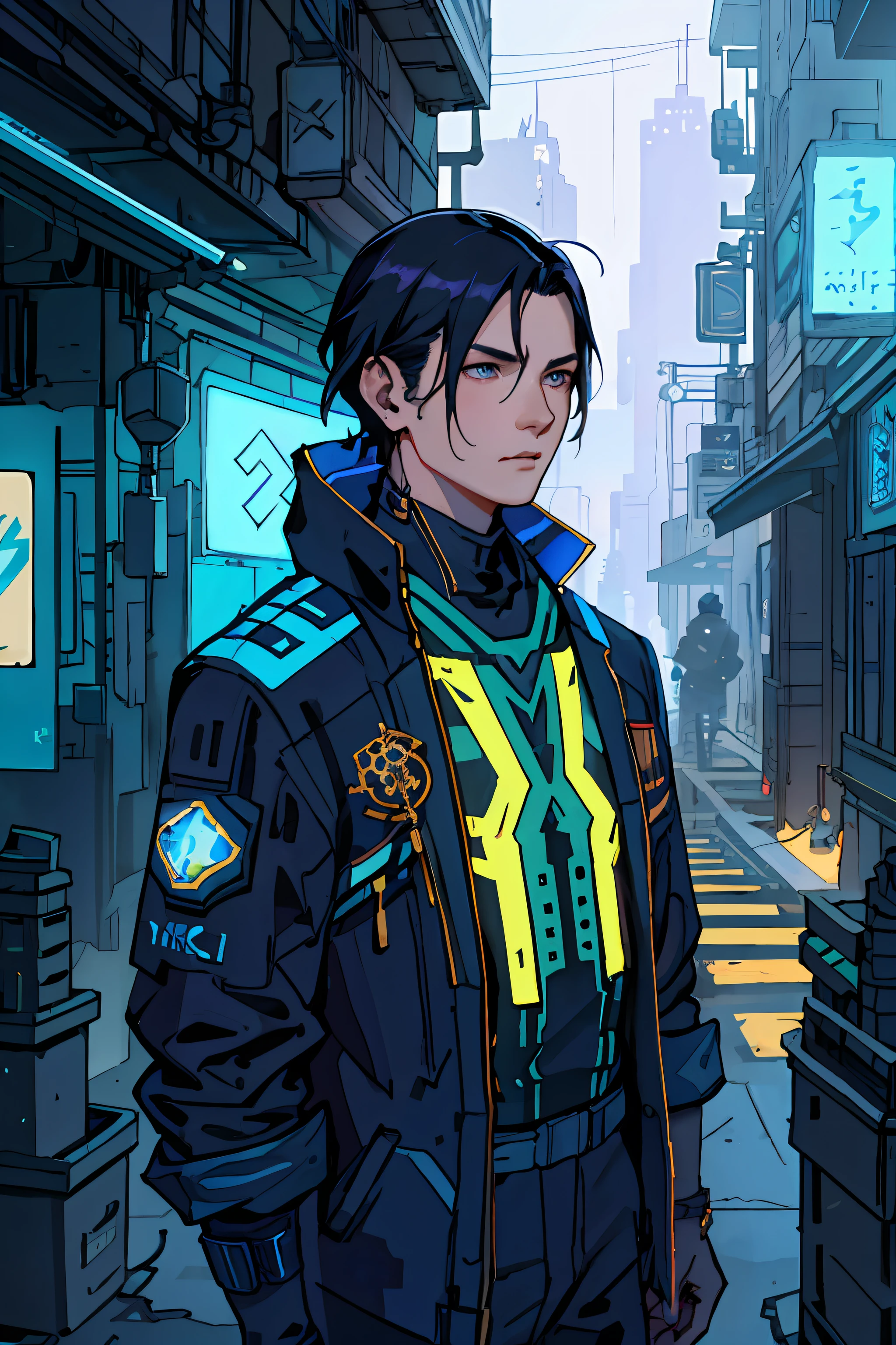 Antonio Moro, masterful, (1 male), (half body), Tall young man, ((Male focus)), Statuesque guy, medium-length black hair, Virtual antennas glowing in shades of violet and blue, half Asian skin tone with a slight golden hue, Bright green eyes, a small scar on the cheek, Sparks, particles, cyberpunk, future human, Looking_at_viewer, Reinforced suit, Small time device on the wrist, solo, standing, symmetrical eyes, subtle eye shadows, detailed face and eyes, Dynamic lighting, cinematic lighting, Volumetric lighting, Ultra high resolution, cyberpunk, Future city with bright neon lights, Cybernetic landscape, Style ModelShoot, (Extremely detailed CG unity 8k wallpapers), professional majestic oil painting by Ed Blinki, Attey Gaillan, Studio Ghibli, Jeremy Mann, Greg Manchess, trending on artstation, trending on CGsociety, intricate, high detail, sharp focus, dramatic, Photorealistic painting from Midjourney and Greg Rutkovski.