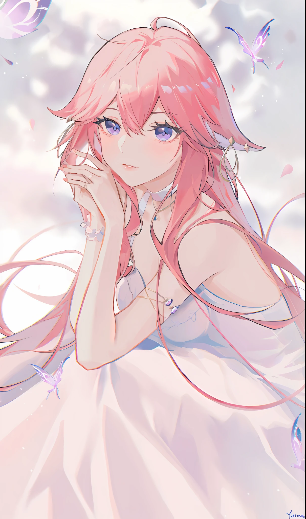 1girll, (Solo:1.2), ((Masterpiece)), [Slim], (Small ???????), Pale skin, ((Detailed eyes)), (Background blur), Long hair, Pink hair，fox ear, is shy