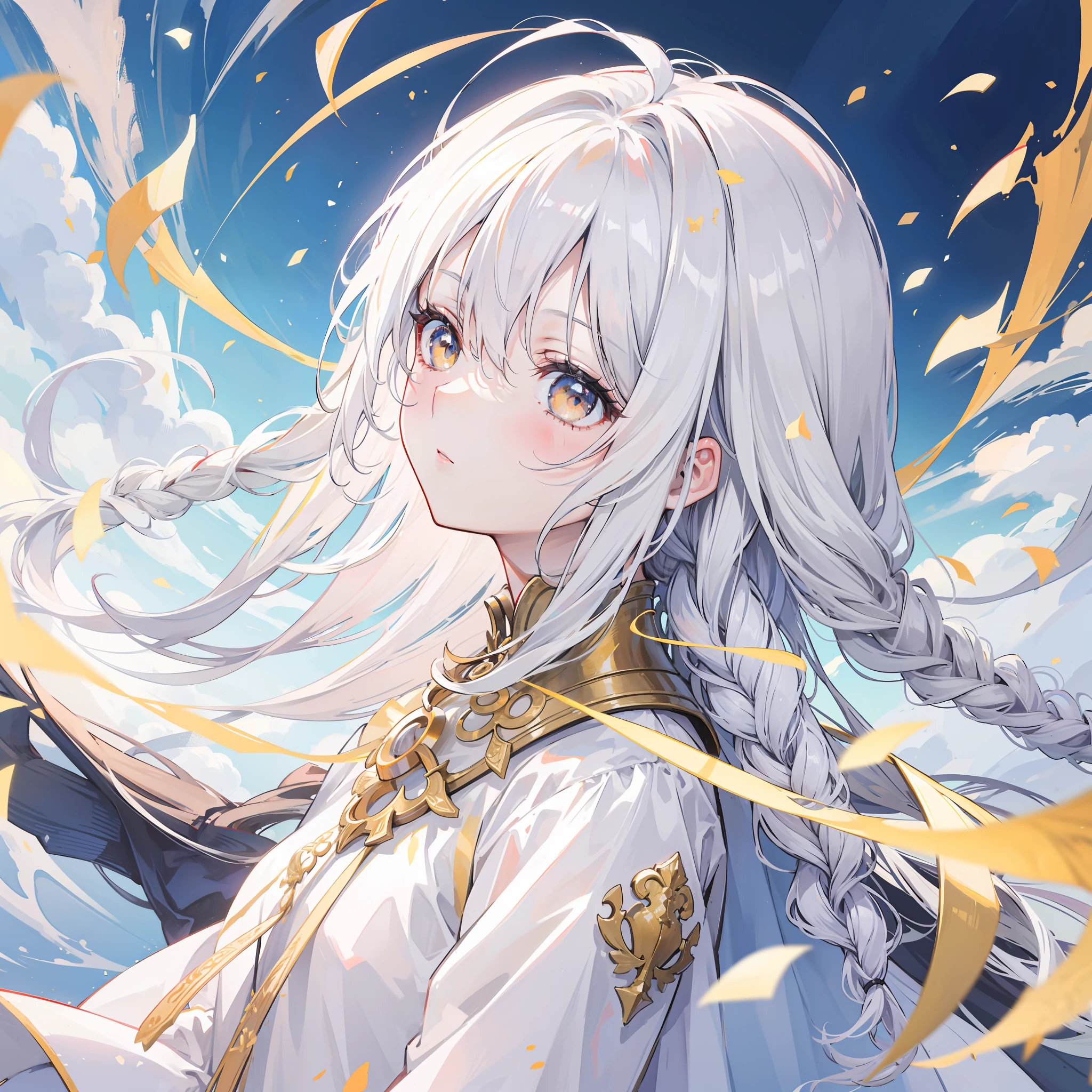 best quality, masterpiece,white hair, gold eyes,white clothes, looking up, upper body,hair strand,Fair skin,side braids