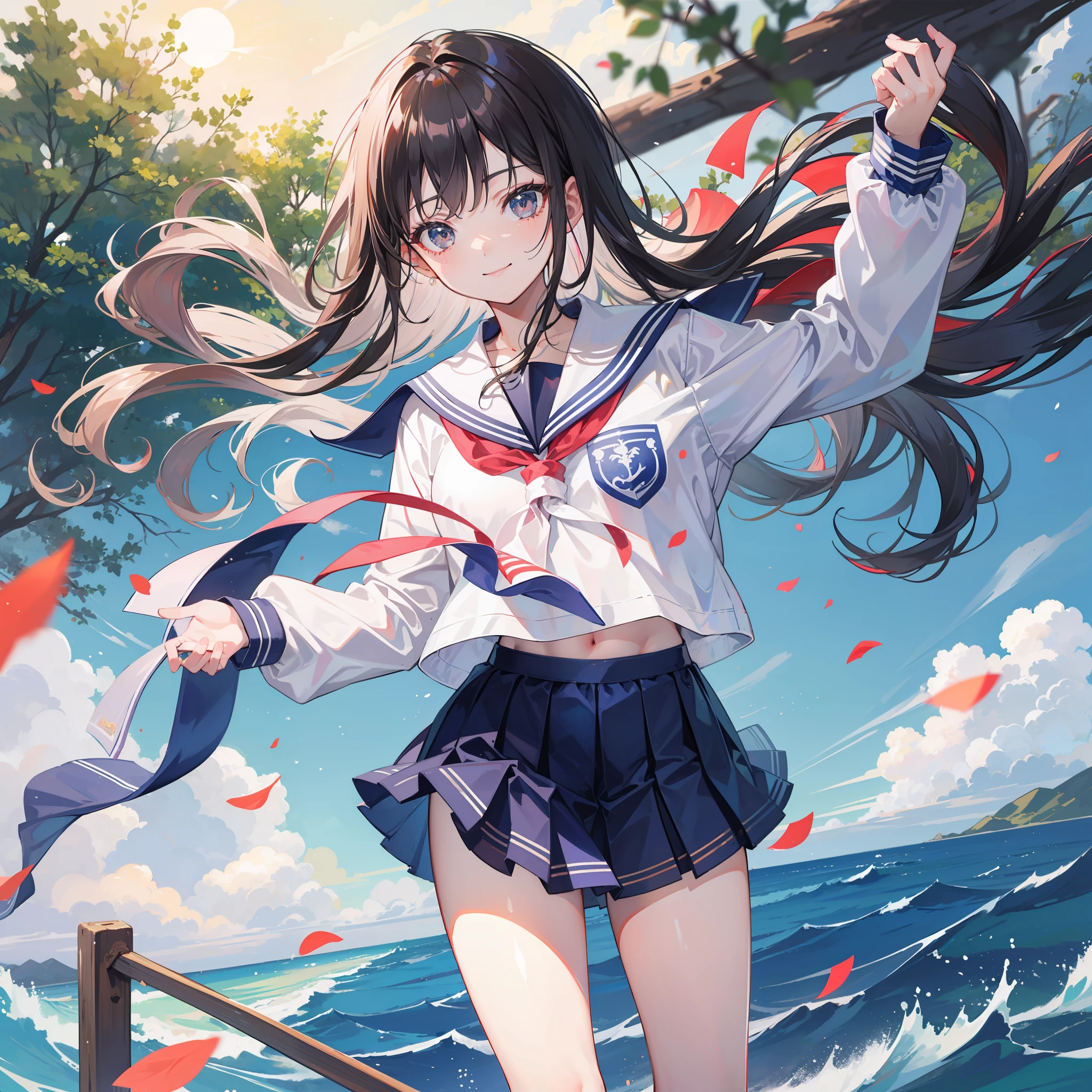 school ground,Senior sister,a sailor suit,and the sun was shining brightly,ssmile