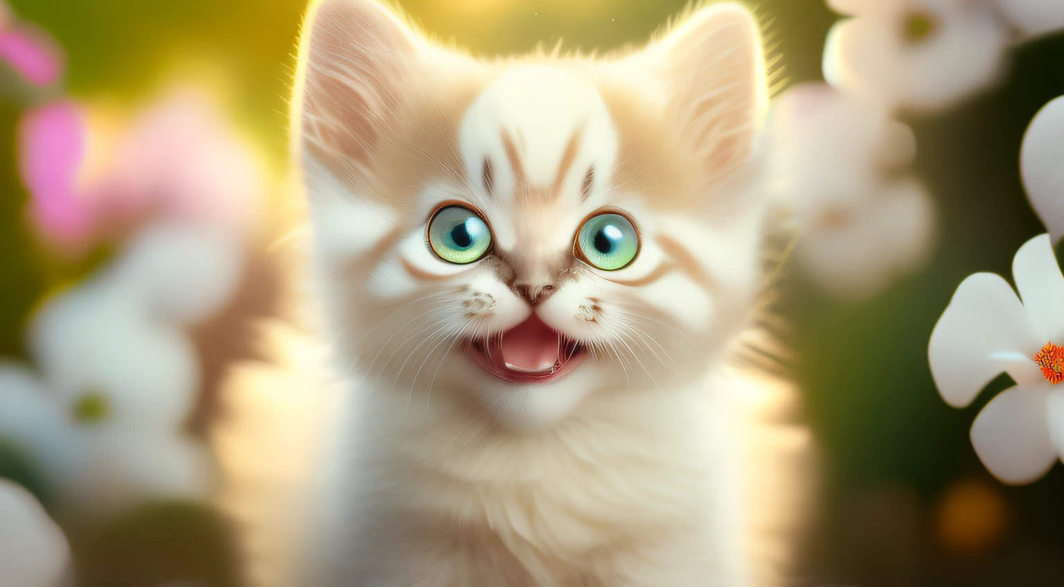 Very cute furry white tropical punk kitten, big eyes, flowers, bushes, full body, open mouth, laugh, professional light, depth of field 8k, golden magic moment, professional photography, octane rendering, super realistic - amazing sunlight, dynamic composition, photography, sharp focus, background bokeh, open mouth, laugh !!!
