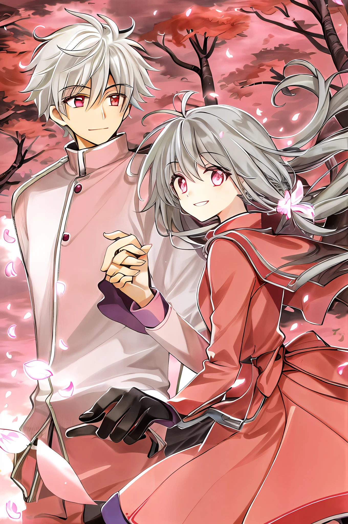 Gray hair is fluffy，Two low ponytails，Hair flutters in the wind。smiling and looking towards the camera，There is a hand reaching forward，It was as if holding my hand。Caress the petals。Pale pink sweatshirt，Gray skirt，Sakura branches stroked their heads，Flying petals fall all over the body，only girls