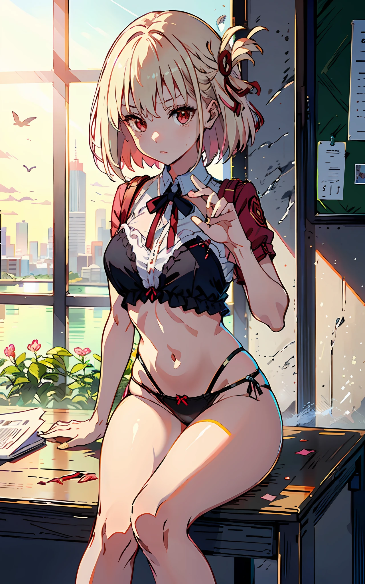 (HighestQuali)、masterwork、anextremelydelicateandbeautiful、astounding、finedetail、hugefilesize、Hyper-detailing、A high resolution、absurderes、((Perfect hand:1.2))、 Take a selfie with your phone in one hand、Cover your face、 1girll、Very thin legs、Very thin legs、Very thin legs、Long legs、Highly detailed legs、 [standing on your feet|sit on chair|Sit on the|Butterflies sitting]、 [Stockings|Pantyhose|thighhights|kneehigh]、 iphone、self-shot、a-pose、Small hands、platinum blond hair,Medium hair,Red-eyed,Senzoku Nishikiki,Lycoris Recoil，Black triangle lace panties，pink Bras
