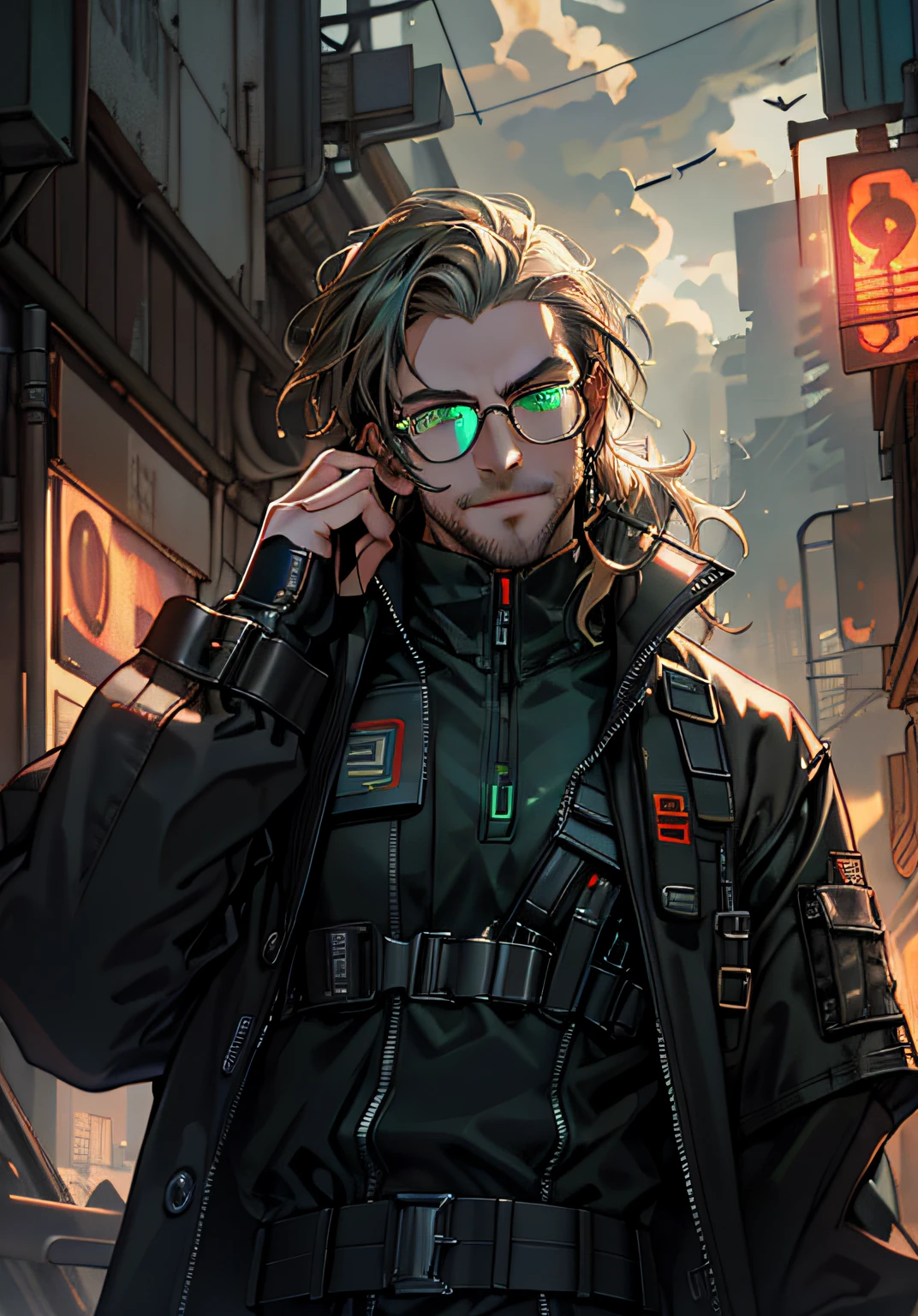 Masterpiece, best quality, 1 male, adult, Tall muscular, handsome, finely detailed green eyes, intricate facial details, (style-RustMagic:0.8), portrait, (Bloody wounds:0.7), looking down, solo, upper body, detailed futuristic cityscape background, (Renaissance theme:1.1), subtle smirk, dynamic pose, dark clouds, a half-Asian engineer, floating holographic gears, long black trench coat, techwear, futuristic glasses, time device on the wrist, cyberpunk city in the background, industry, furnace, grime, switches, dynamic lighting