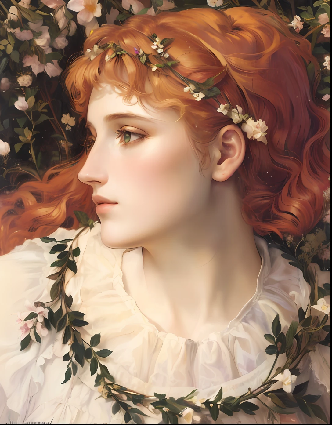uma pintura de uma mulher com cabelos ruivos e uma coroa de flores, y pre-rafaelita, Pre - Beautiful Raphaelite, Pre-Raphaelite, Pre-Raphaelite oil painting, Pre-Raphaelite style, pre-raphaelitism, Pre-Raphaeliteism, persephone in spring, Pre - Raphaelite Painting, Pre-Raphaelite painting, Pre - Raphaelite