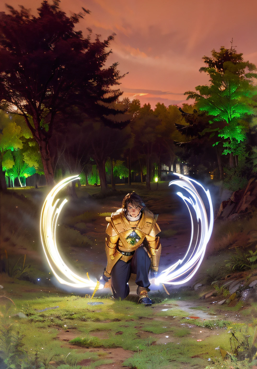 ((The Holy Light shines),(Exquisite graphics),gold paladin,Two-handed lightsaber,Big perspective,Loki Hero Legend,Bloody sky,the dark forest，(facial beauty),((half squatting),Dynamic posture),((Epic level),warriors))