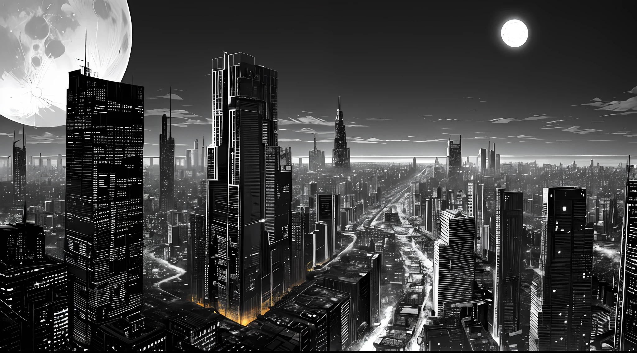 Dilapidated city，cyber punk perssonage，black andwhite，themoon