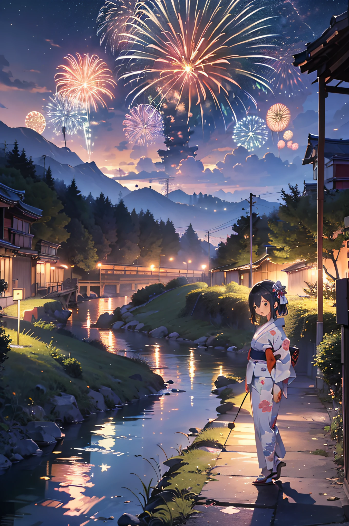((masterpiece)), Top image quality, ultra-detailliert, hight resolution, , girl with, ((((Yukata)))), Detailed fireworks launch, (Fireworks seen from a wide riverbed), a river, Walking trail, Plants, land bridge, nigh sky, (Uchiwa), Landscapes with depth, ((low angles))