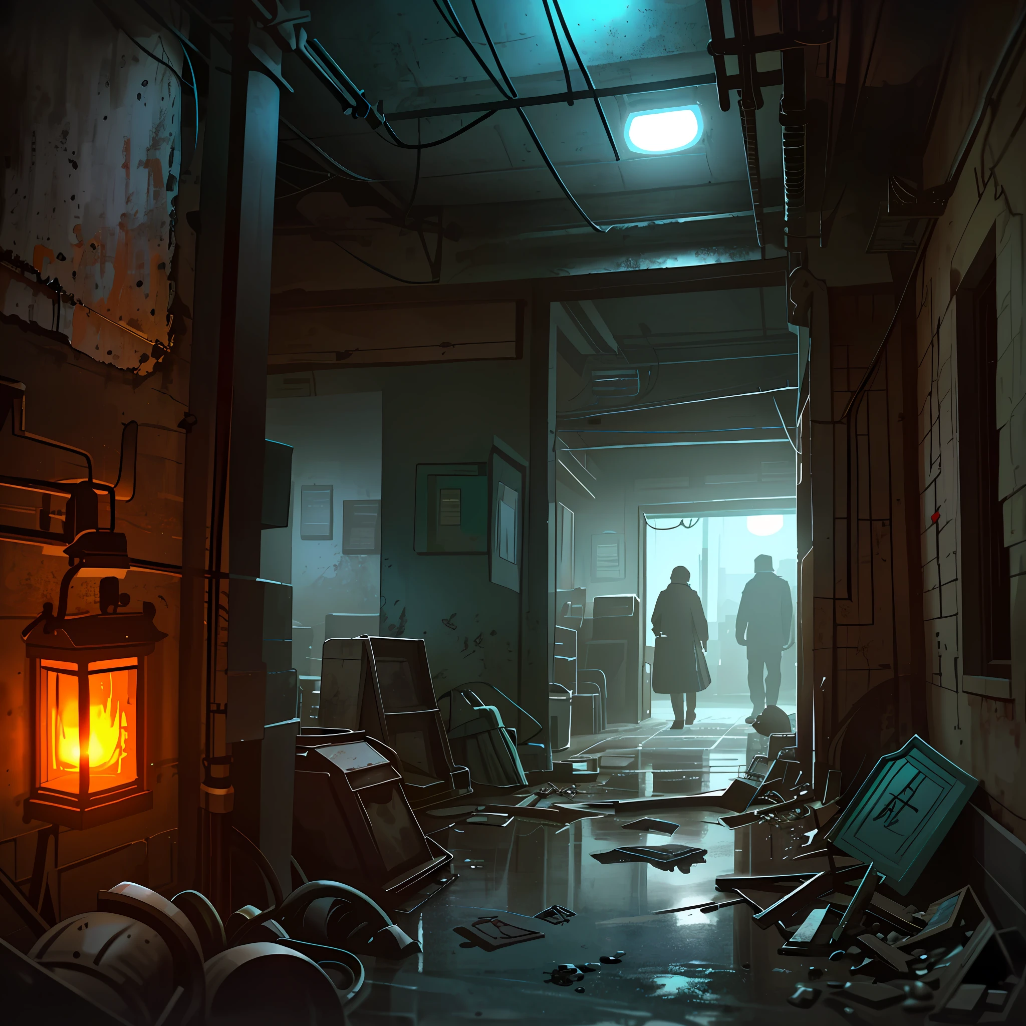 hyperrealistic and very detailed illustration of the entrance of a patio, point of view from the outside, image very loaded with objects, point of view from below, dirty cement stairs with cracks, green wastebasket, metal signs, seats, cables, pole, pastel blue telephone booth, rusty guardrails, pipes, pipes in the walls, electric meter, gray and dark walls, empty boxes, old papers on the floor, damaged wall paint, some garbage on the floor, metal and rusty scrap, machine parts (rusty, brown), very detailed advertisements on the neon wall, spotlight lights (very radiant blue light), artificial and sterile environment, very dark night, fog and somewhat dense smoke, very dark landscape shadows,  red and green neon lights, night, some snow all over the landscape, humidity, puddles of water reflecting the dim ambient light